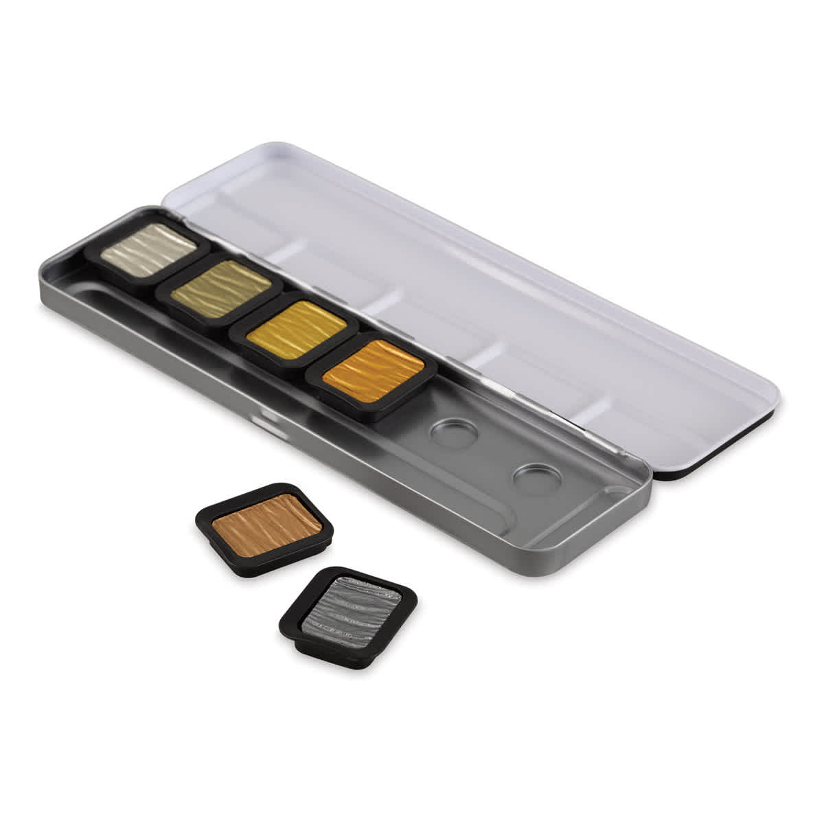Finetec Premium Watercolor Pans Set - Pearlescent Antique Tones, Set of 6 (Paint pan set with two pans popped out)