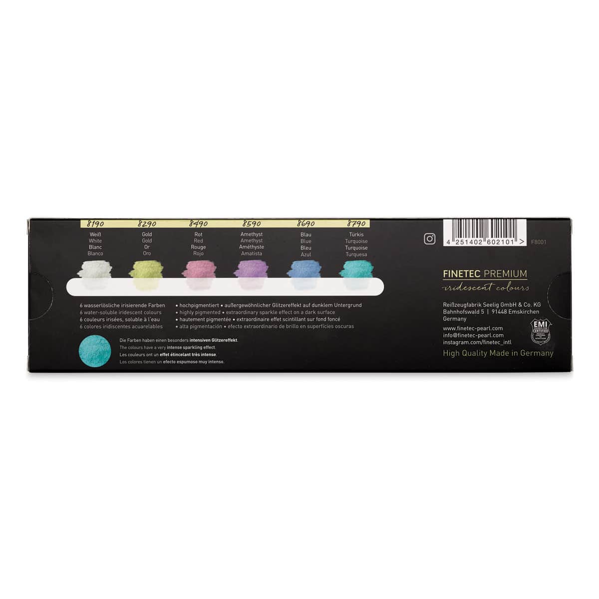 Finetec Premium Watercolor Pans Set - Iridescent High Sparkle, Set of 6 (Back of packaging)
