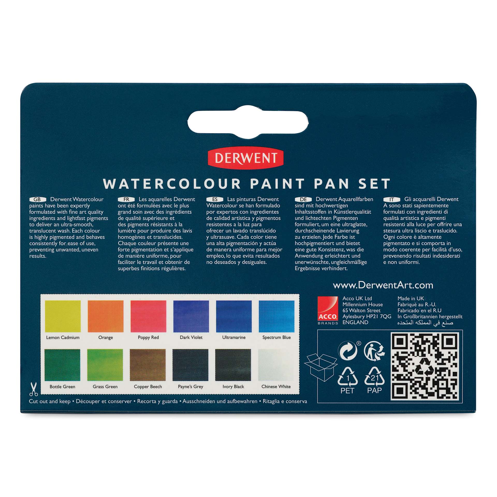 Derwent Watercolor Half Pan Paint - Set of 12, Assorted back of package