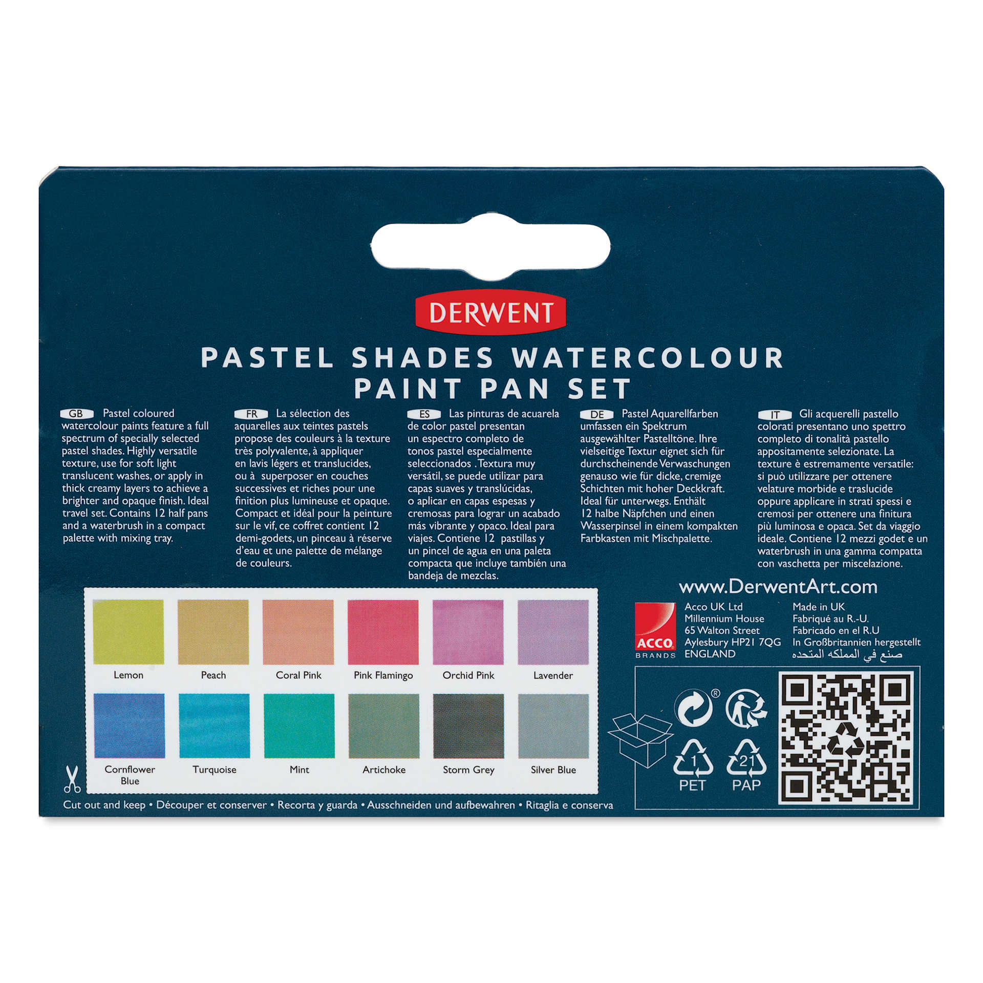 Derwent Watercolor Half Pan Paint - Set of 12, Pastels back of package