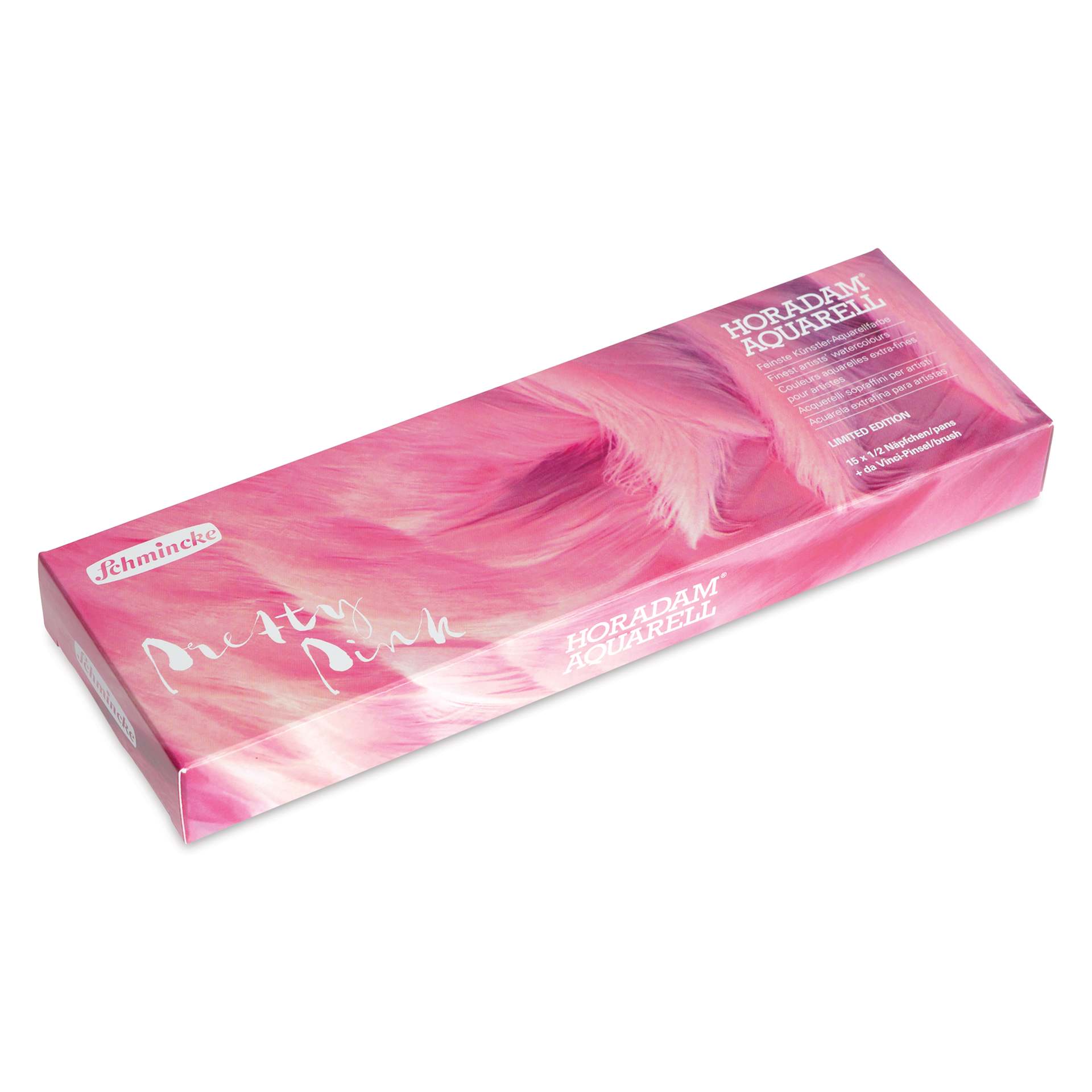 Schmincke Horadam Aquarell Watercolor Pans - front of the packaging for the Set of 15 Pretty Pink, Assorted Colors, Half Pans