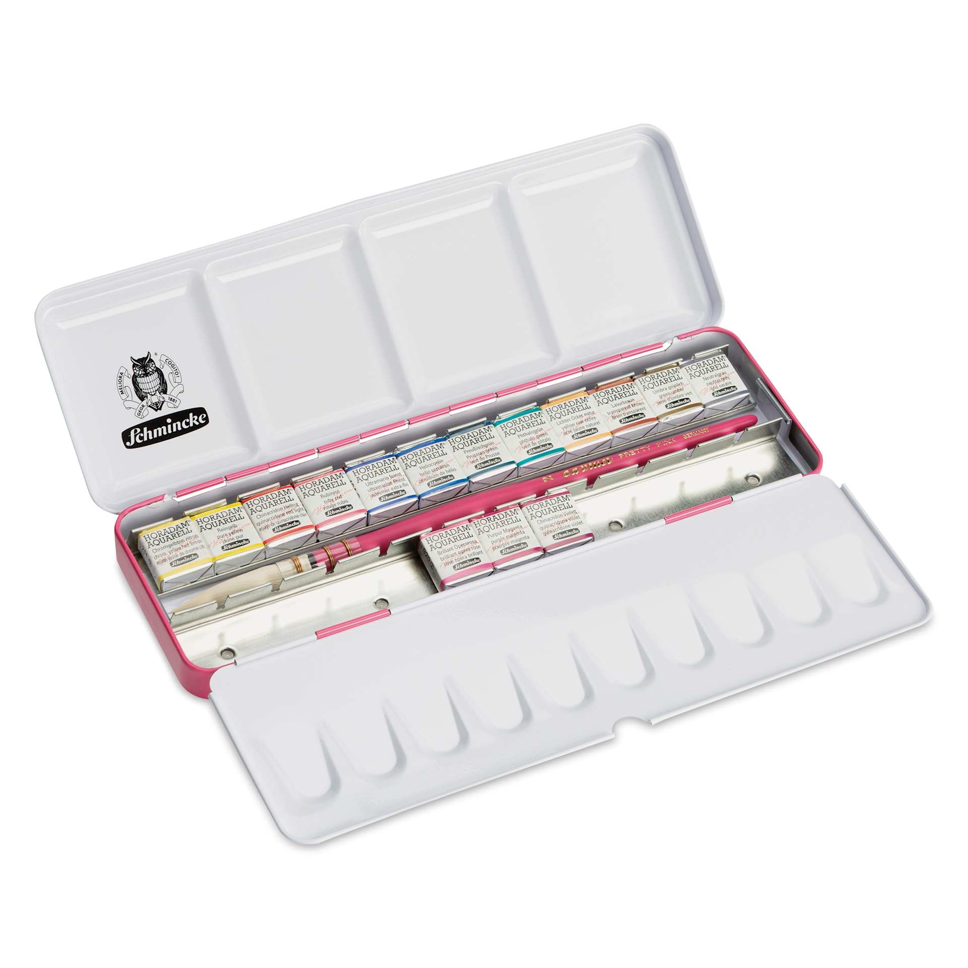 Open to show contents of Schmincke Horadam Aquarell Watercolor Pans - Set of 15 Pretty Pink, Assorted Colors, Half Pans