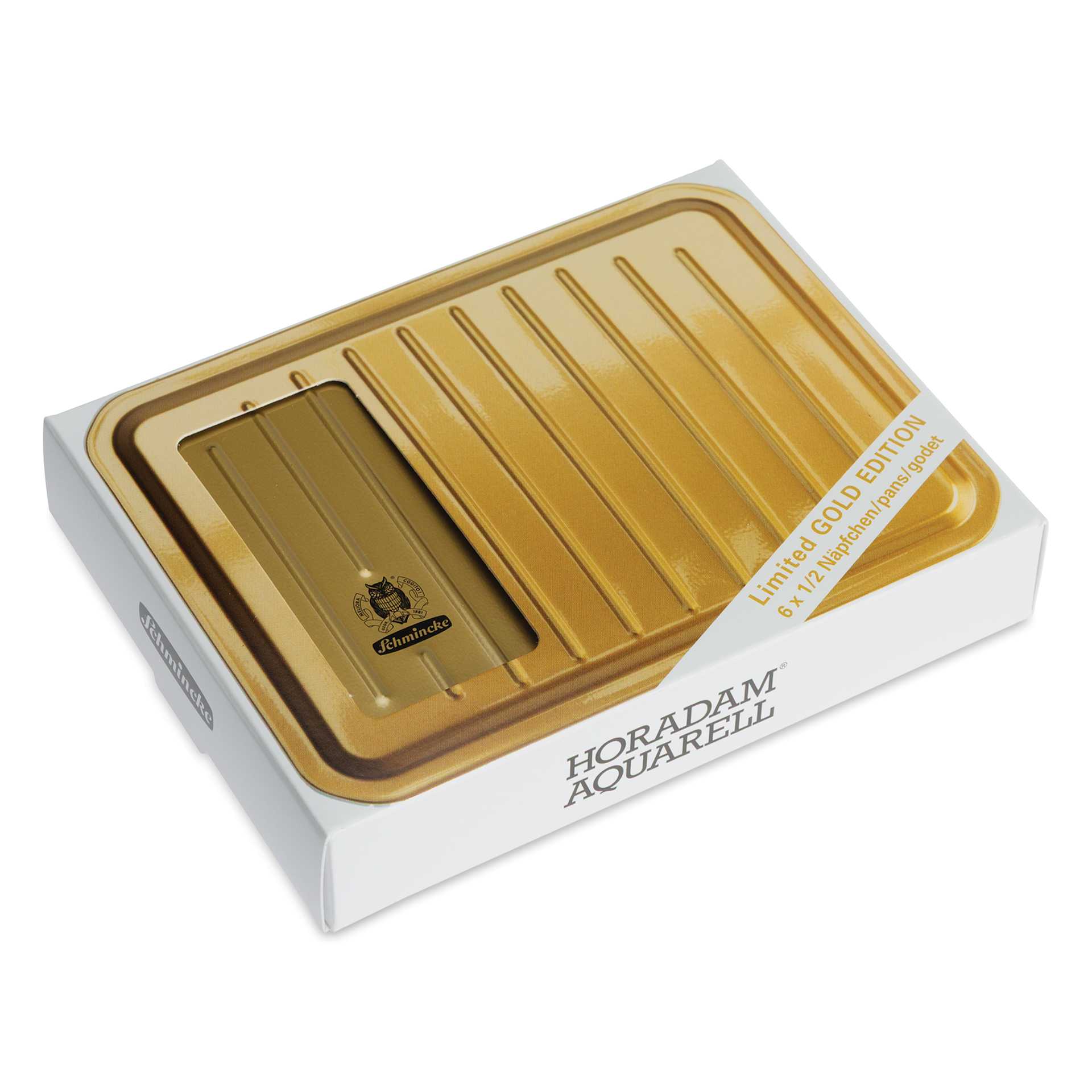 Schmincke Horadam Aquarell Watercolor Pans - the outside packaging of the Set of 6, Golds, Half Pans
