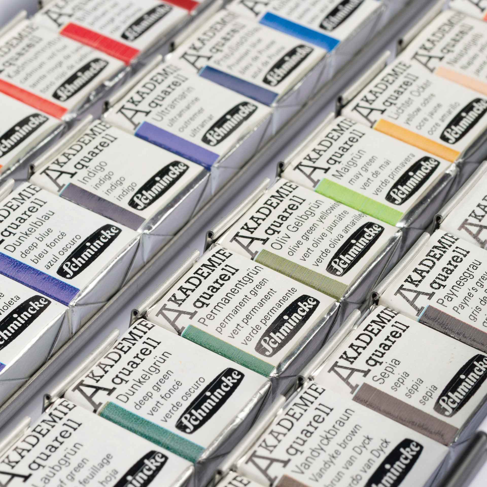 Schmincke Akademie Aquarell Watercolor Pans - Set of 40, close-up of half pans