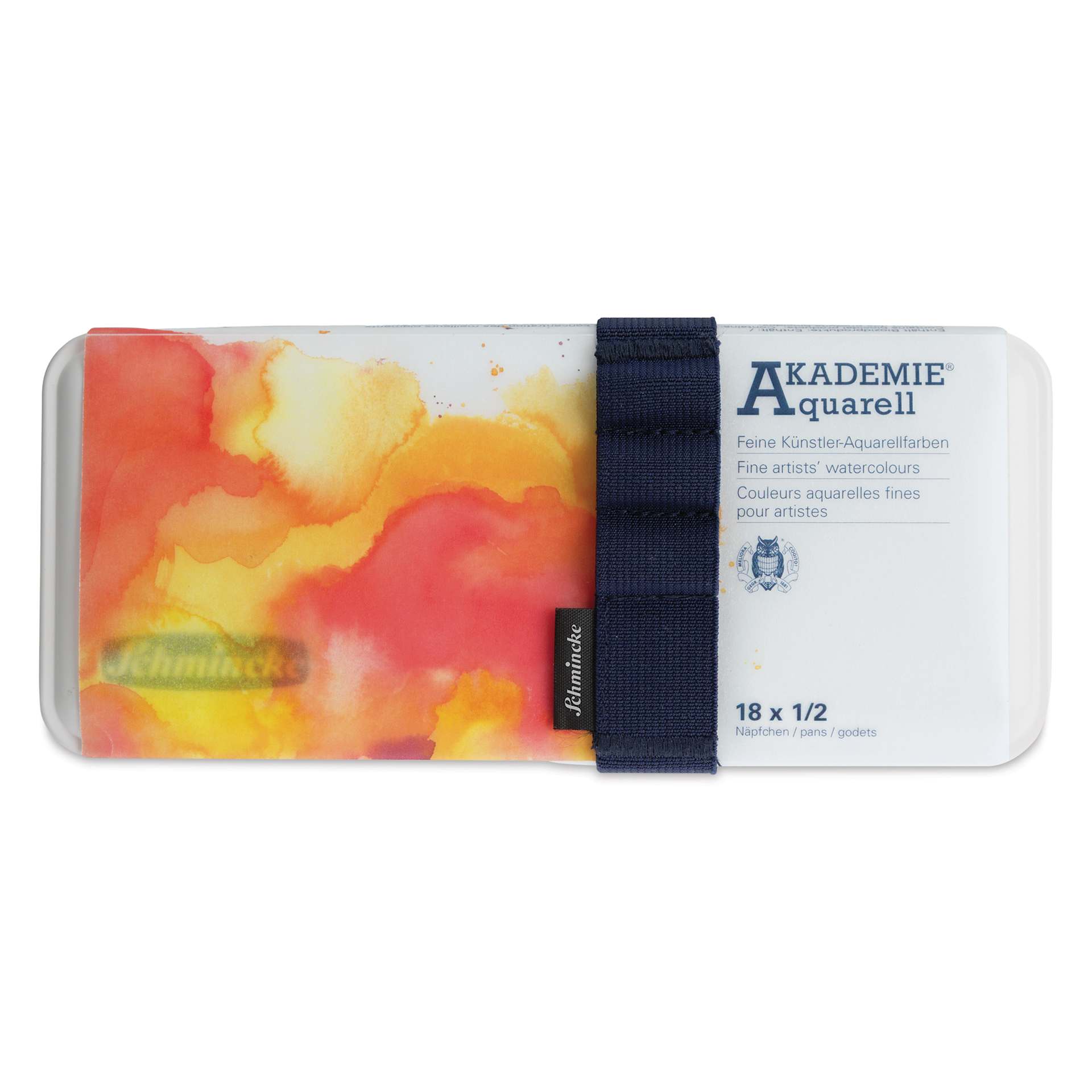 Schmincke Akademie Aquarell Watercolor Pans - Set of 18, Plastic Case, Assorted Colors, Half Pans front with packaging