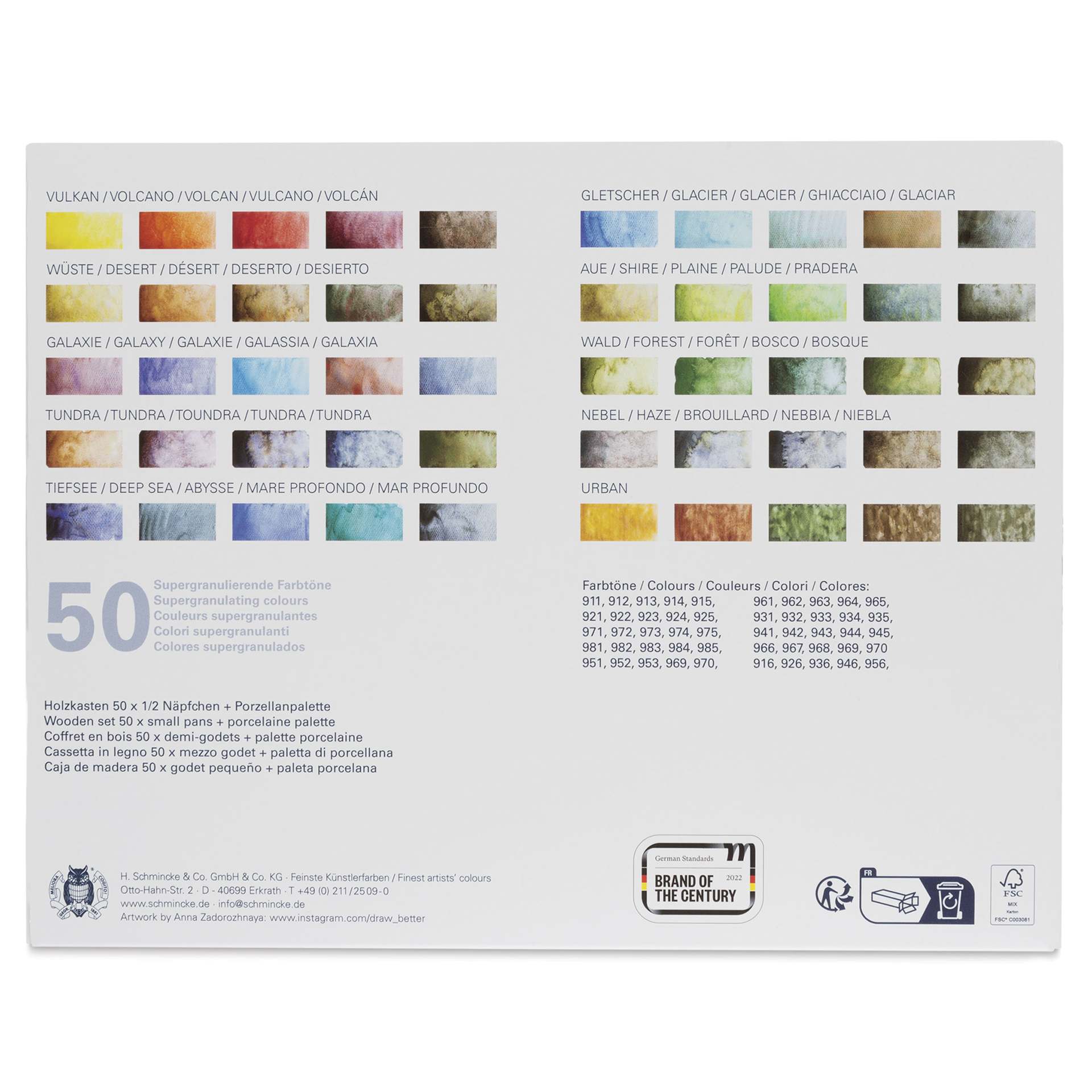 Schmincke Horadam Aquarell Watercolor Pans - Super Granulation Colors, Set of 50, back of packaging for wood case