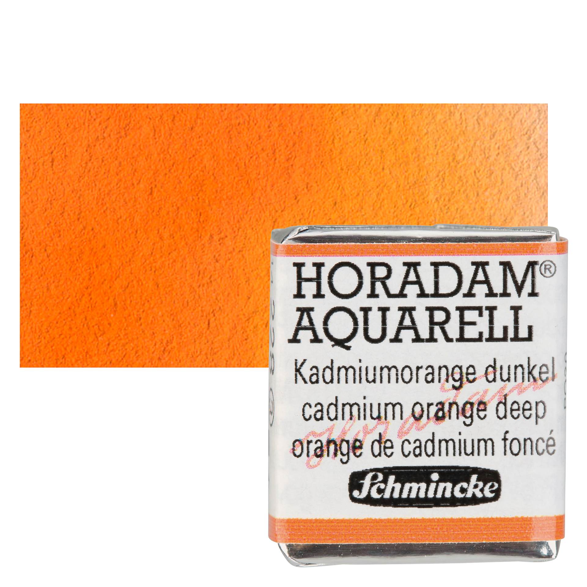 Schmincke Horadam Aquarell Watercolor - Cadmium Orange Deep, Half Pan and swatch