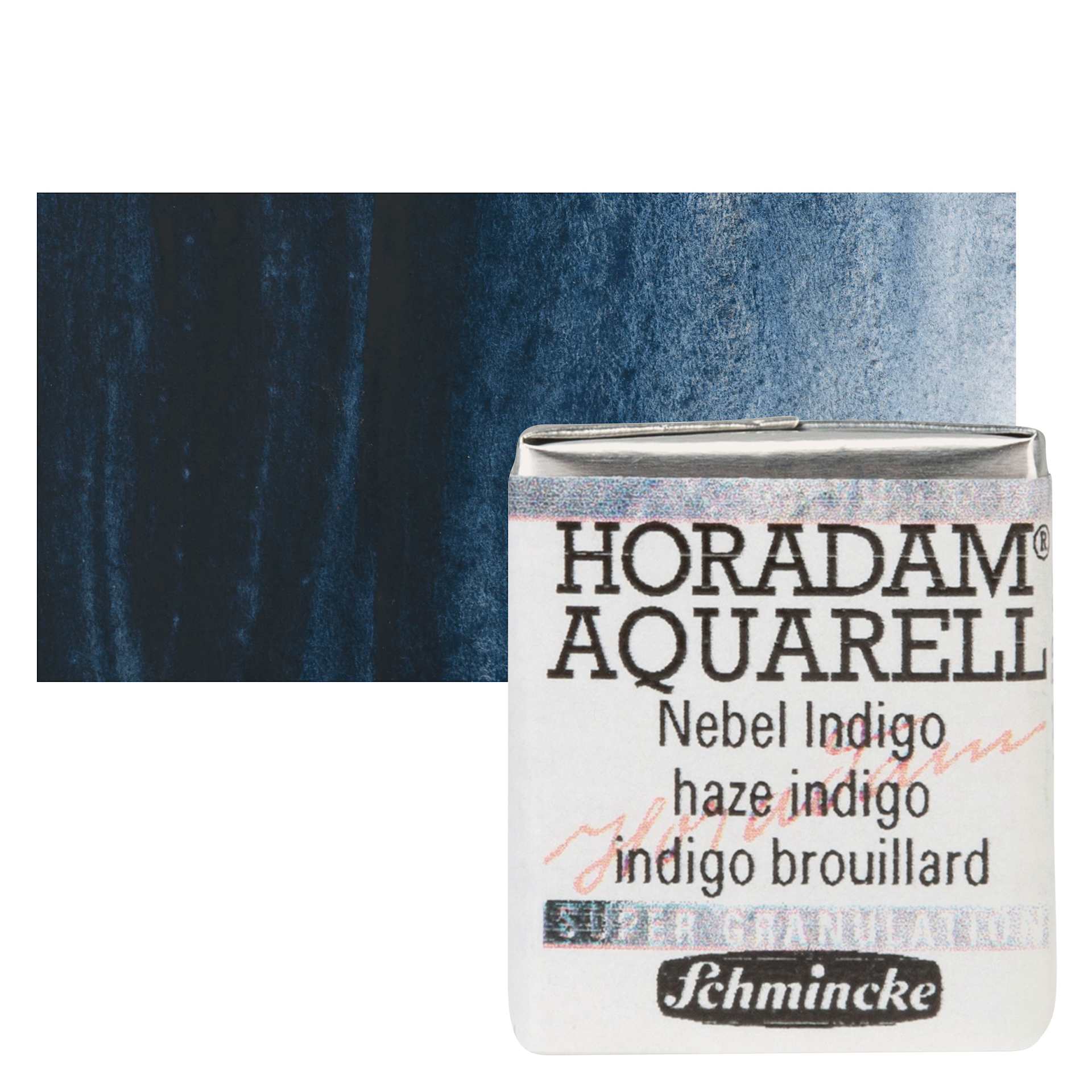 Schmincke Horadam Aquarell Watercolor - Haze Indigo, Half Pan and swatch