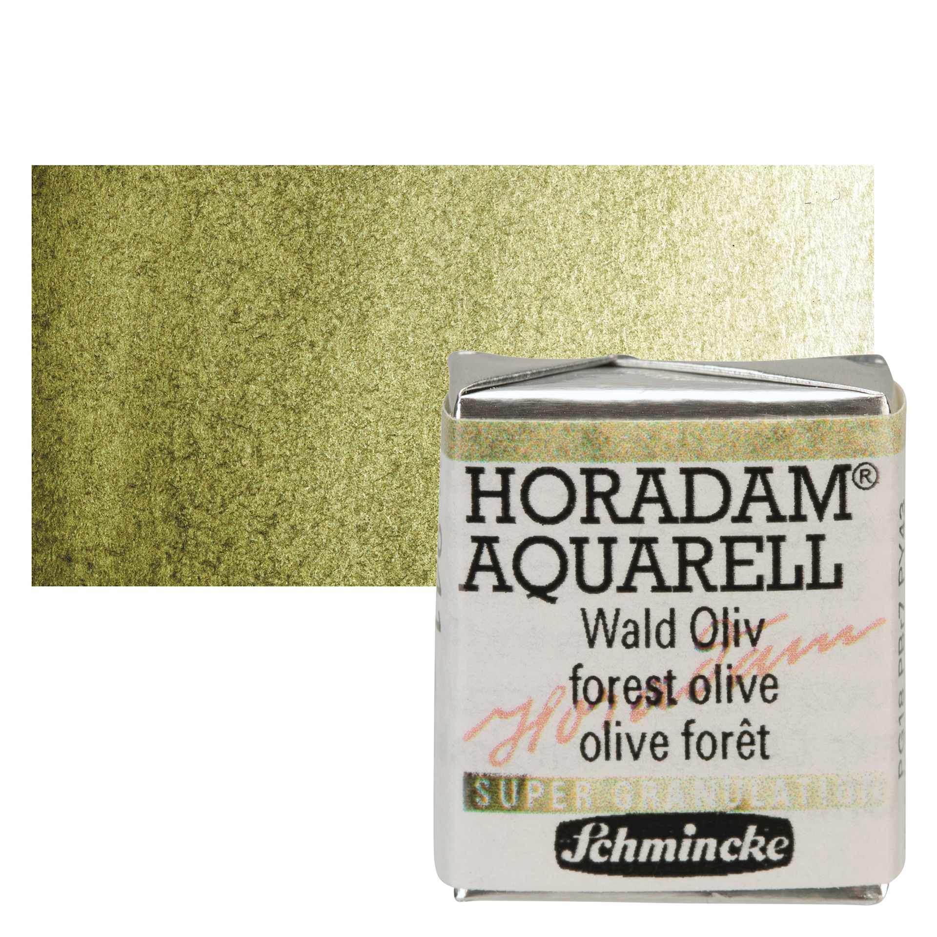 Schmincke Horadam Aquarell Artist Watercolor - Forest Olive, Supergranulation, Half Pan and swatch