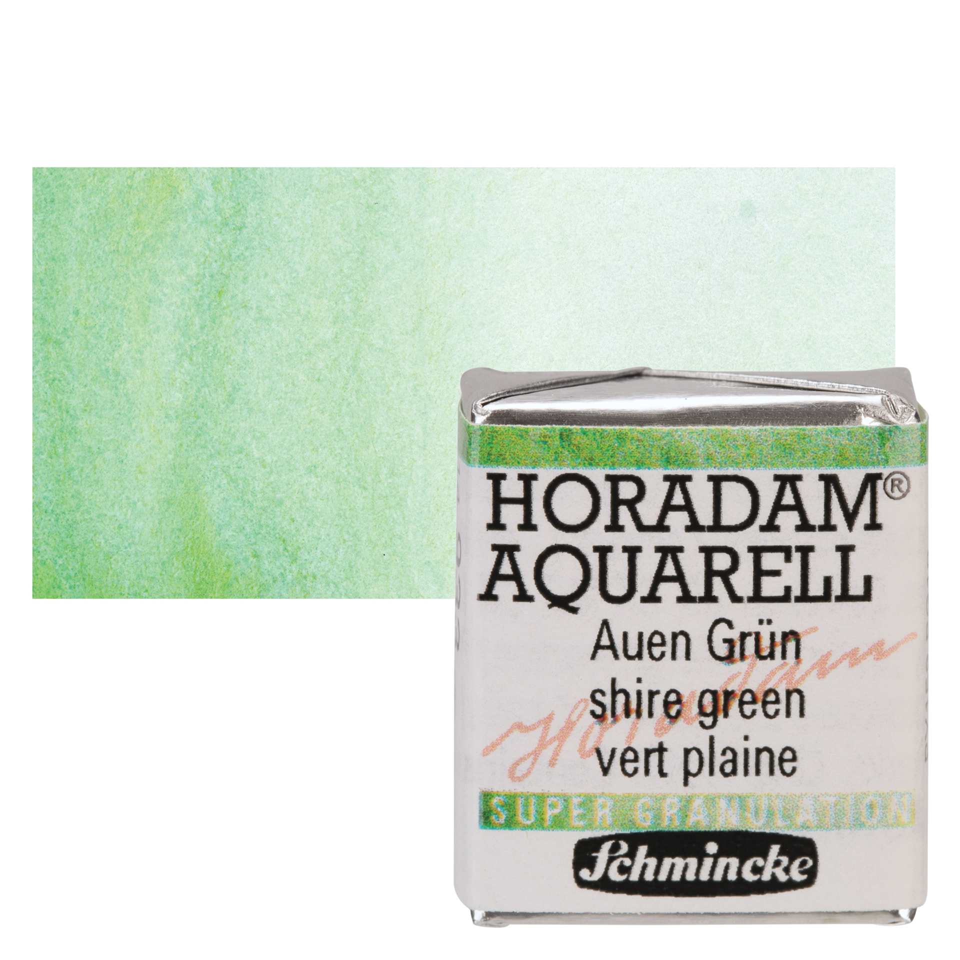 Schmincke Horadam Aquarell Artist Watercolor - Shire Green, Supergranulation, Half Pan and swatch