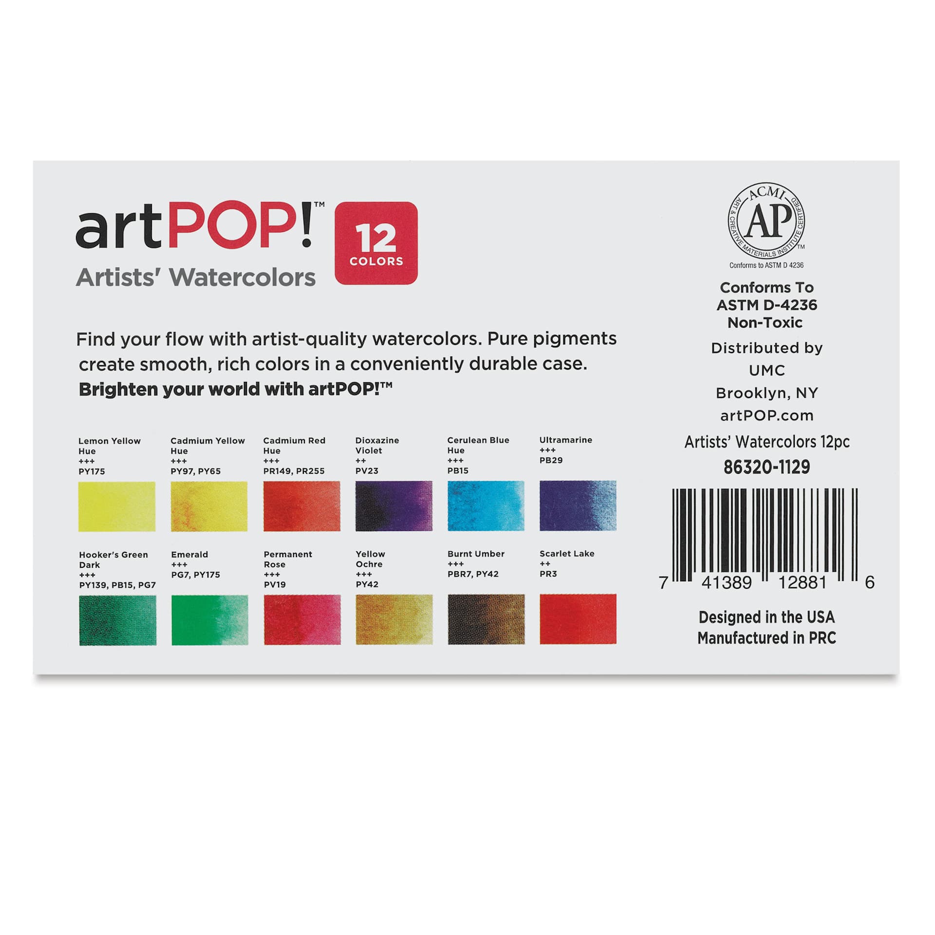 artPOP! Watercolor Half Pan Sets - Set of 12, Half Pans (Back of packaging)