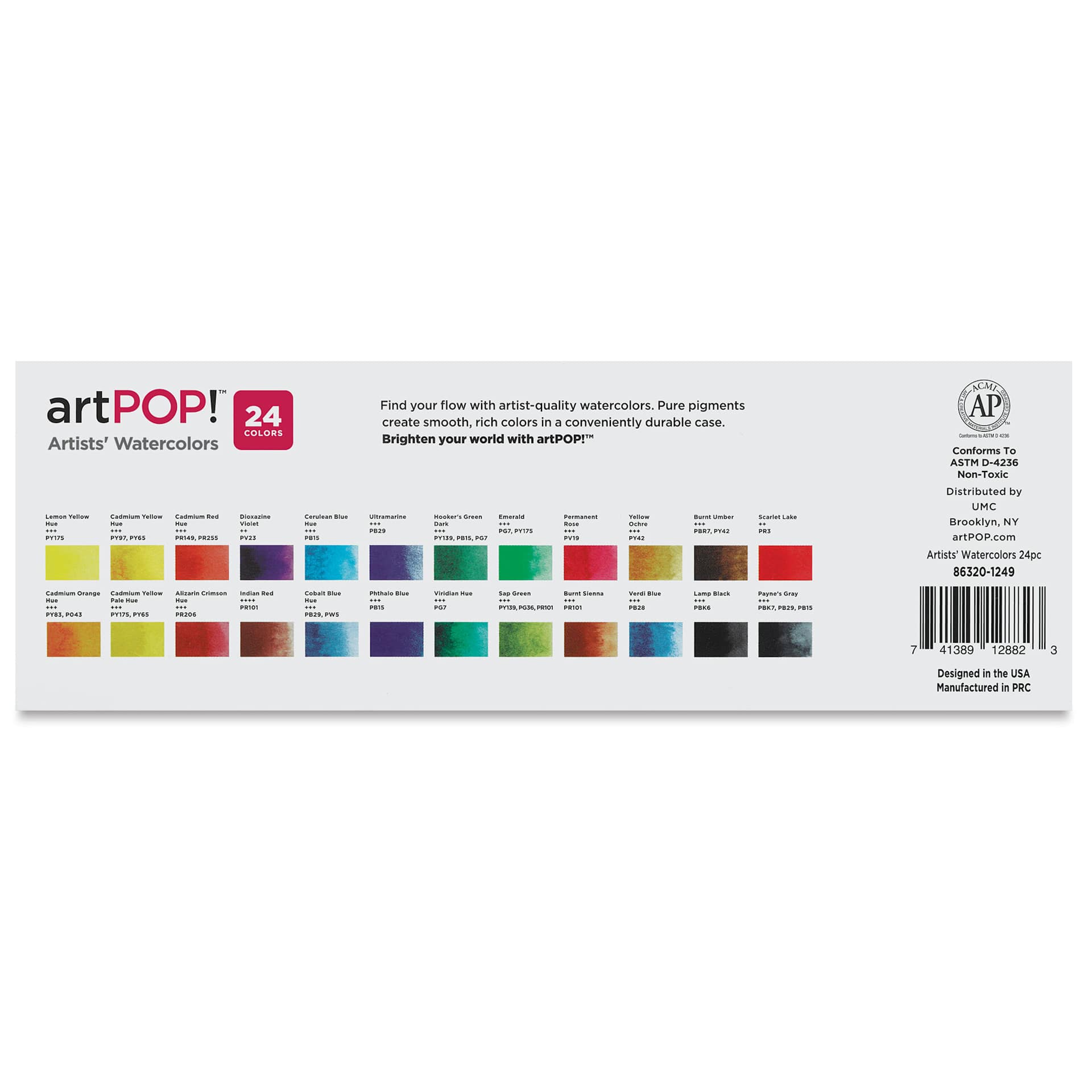 artPOP! Watercolor Half Pan Sets - Set of 24, Half Pans (Back of packaging)