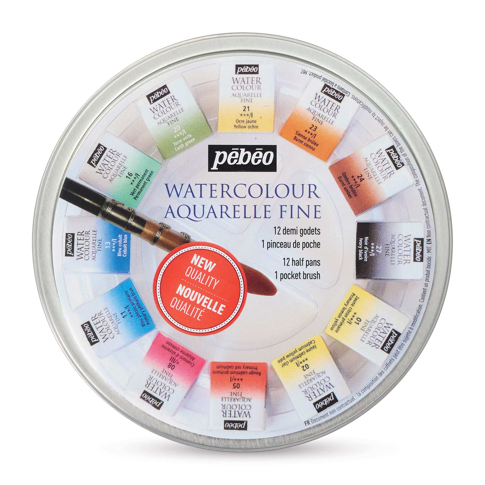 Pebeo Fine Watercolor Half Pan Set -  Set of 12, Round Metal Box with Brush (Front of set)