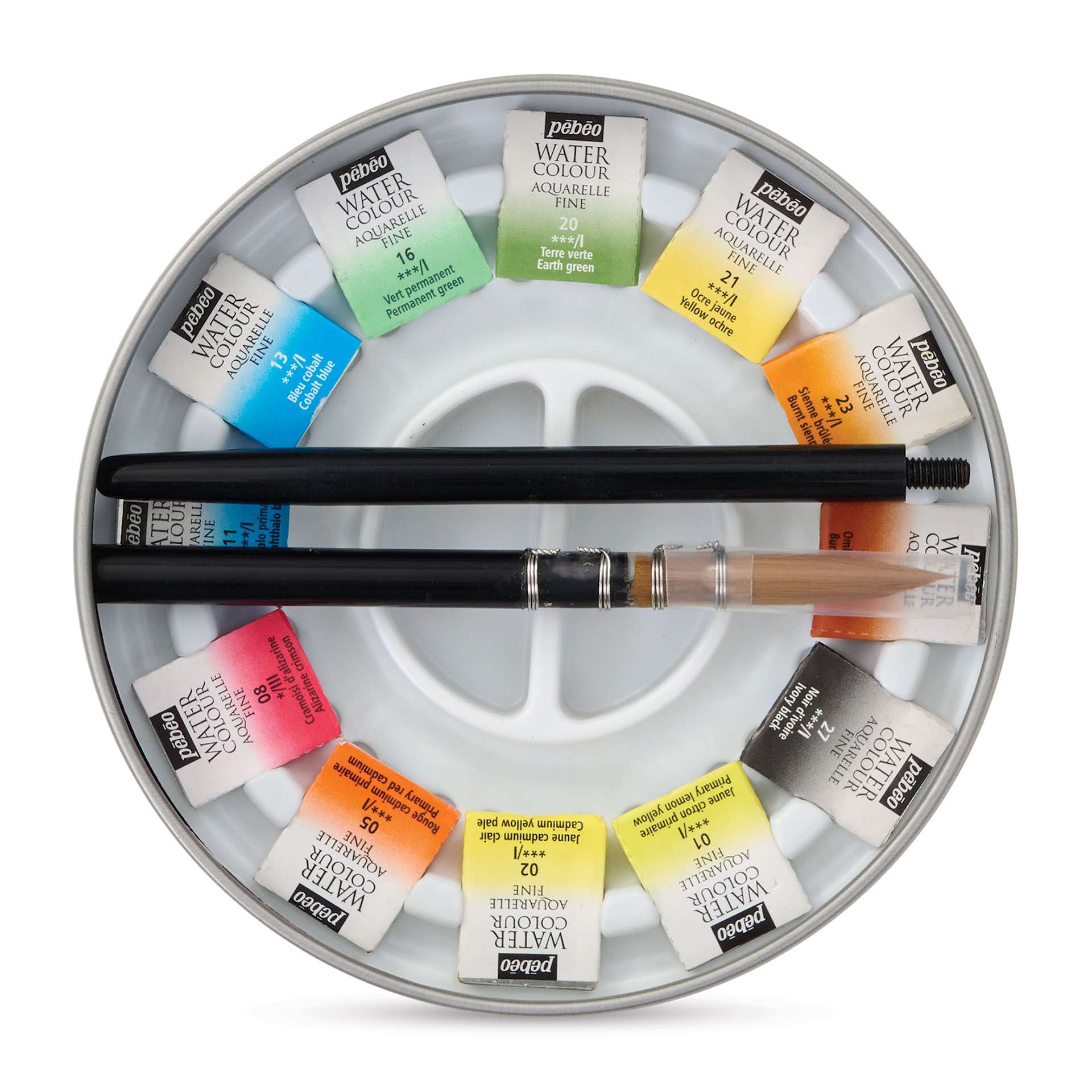 Pebeo Fine Watercolor Half Pan Set -  Set of 12, Round Metal Box with Brush (Opened set)