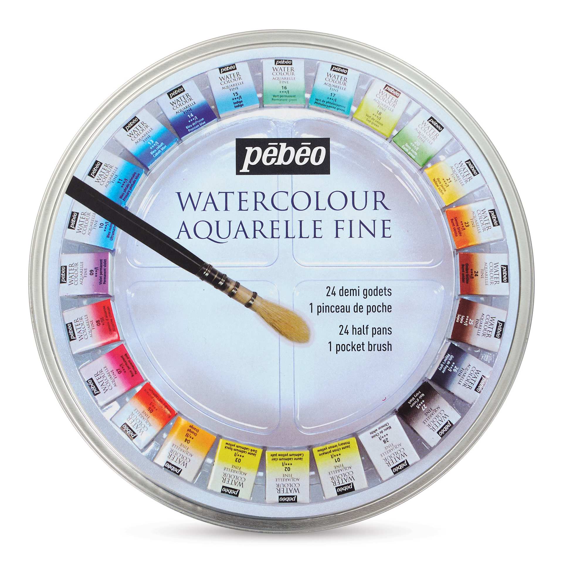 Pebeo Fine Watercolor Half Pan Set -  Set of 24, Round Metal Box with Brush (front of package)