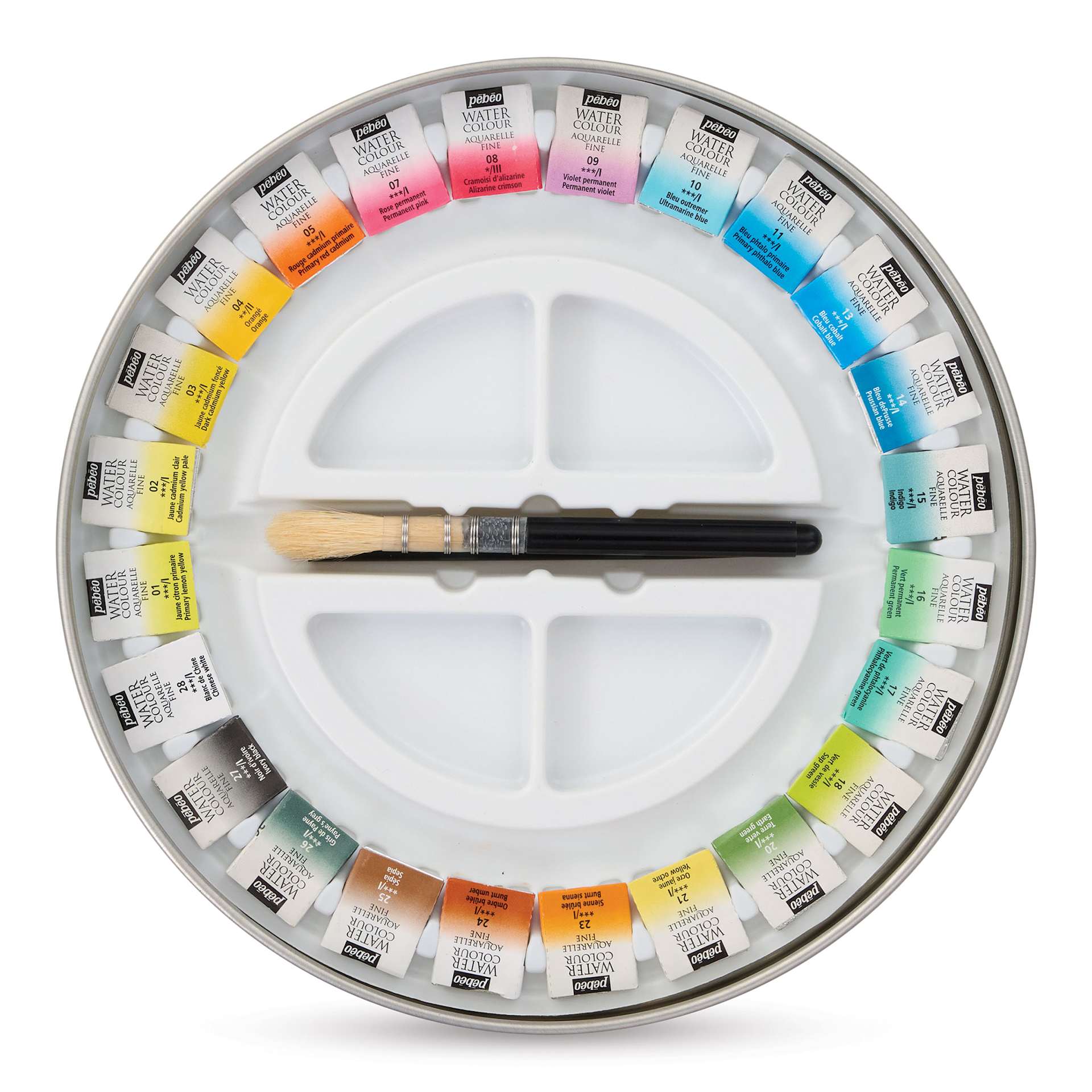 Pebeo Fine Watercolor Half Pan Set -  Set of 24, Round Metal Box with Brush (Set opened)
