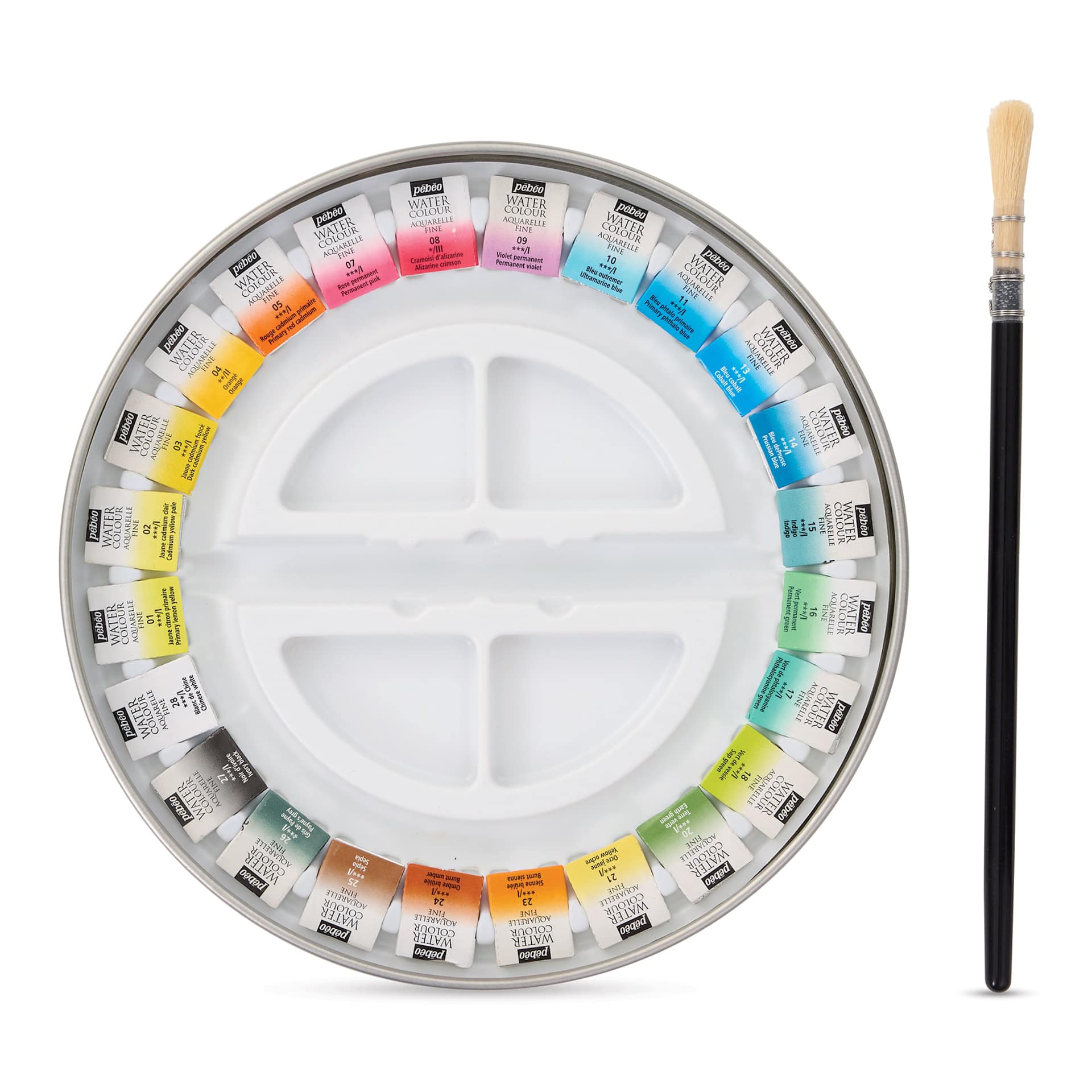 Pebeo Fine Watercolor Half Pan Set -  Set of 24, Round Metal Box with Brush (Brush next to set)