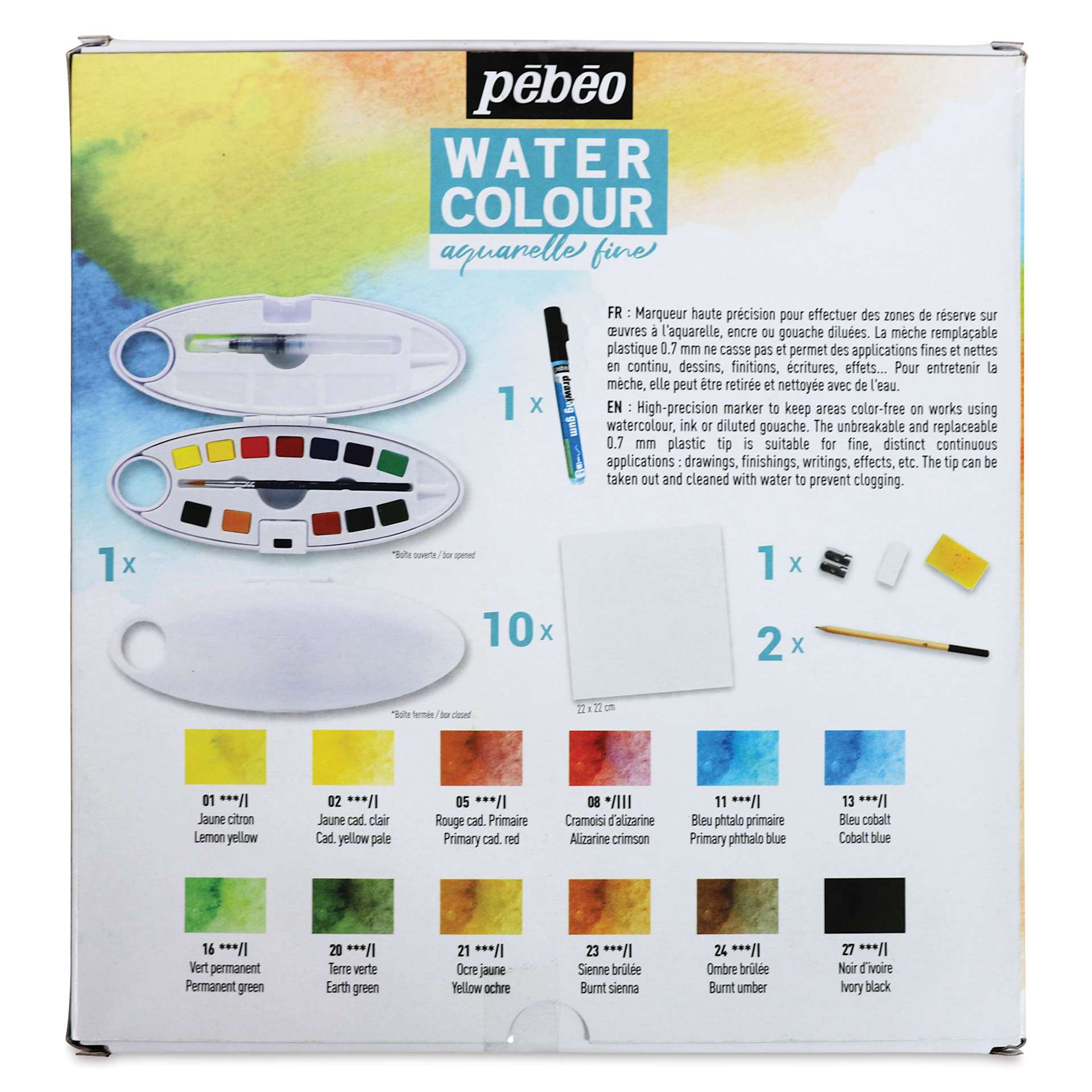 Pebeo Fine Watercolor Half Pan Set - Complete Set of 12, Oval Plastic Case (Back of package)