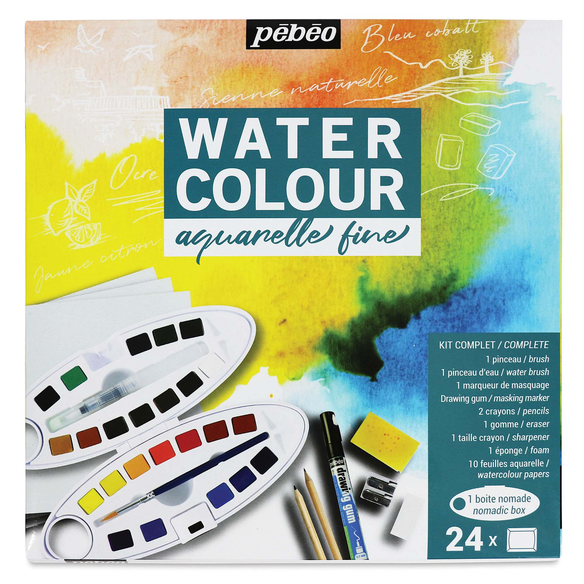 Pebeo Fine Watercolor Half Pan Set - Complete Set of 24, Oval Plastic Case (Front of package)