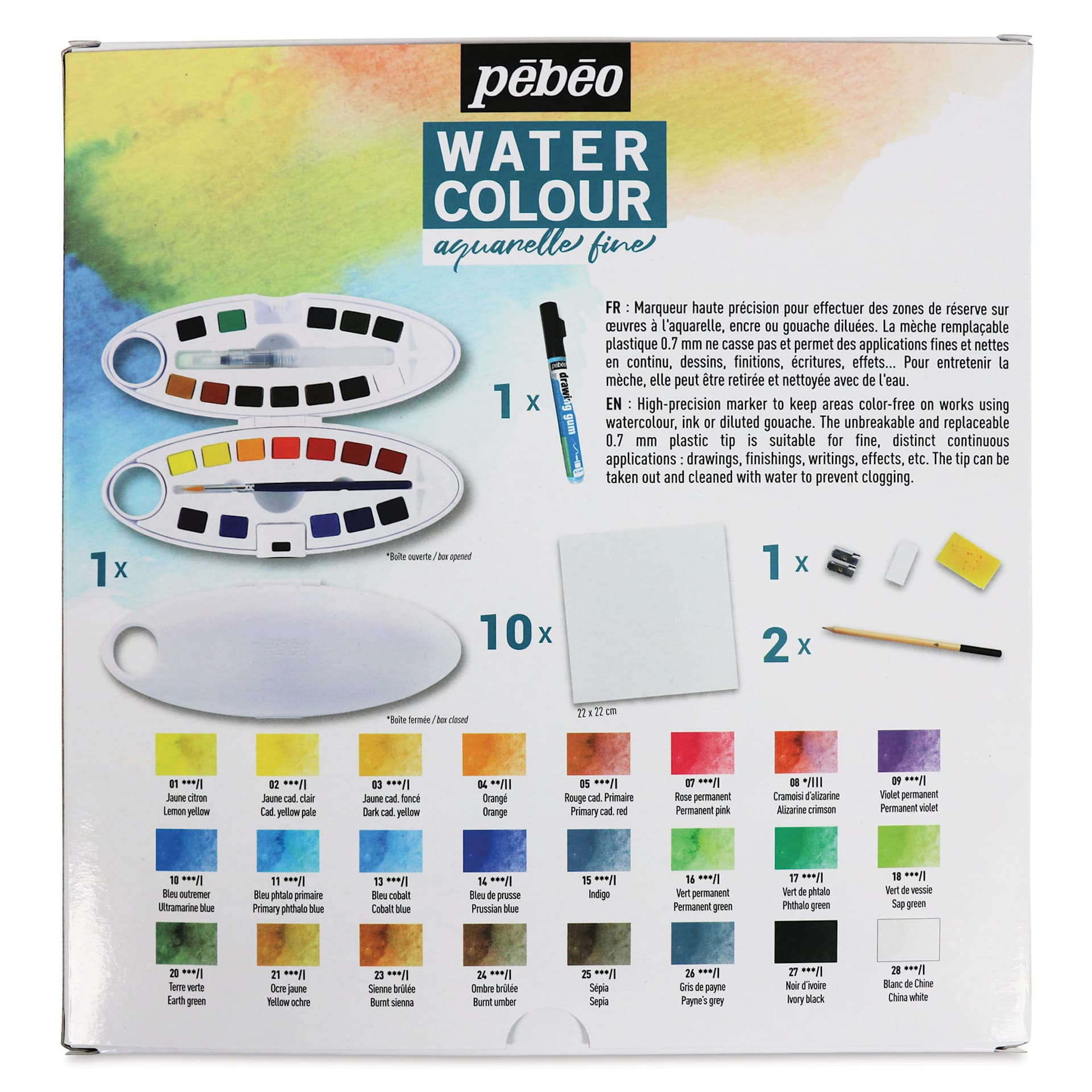 Pebeo Fine Watercolor Half Pan Set - Complete Set of 24, Oval Plastic Case (Back of package)