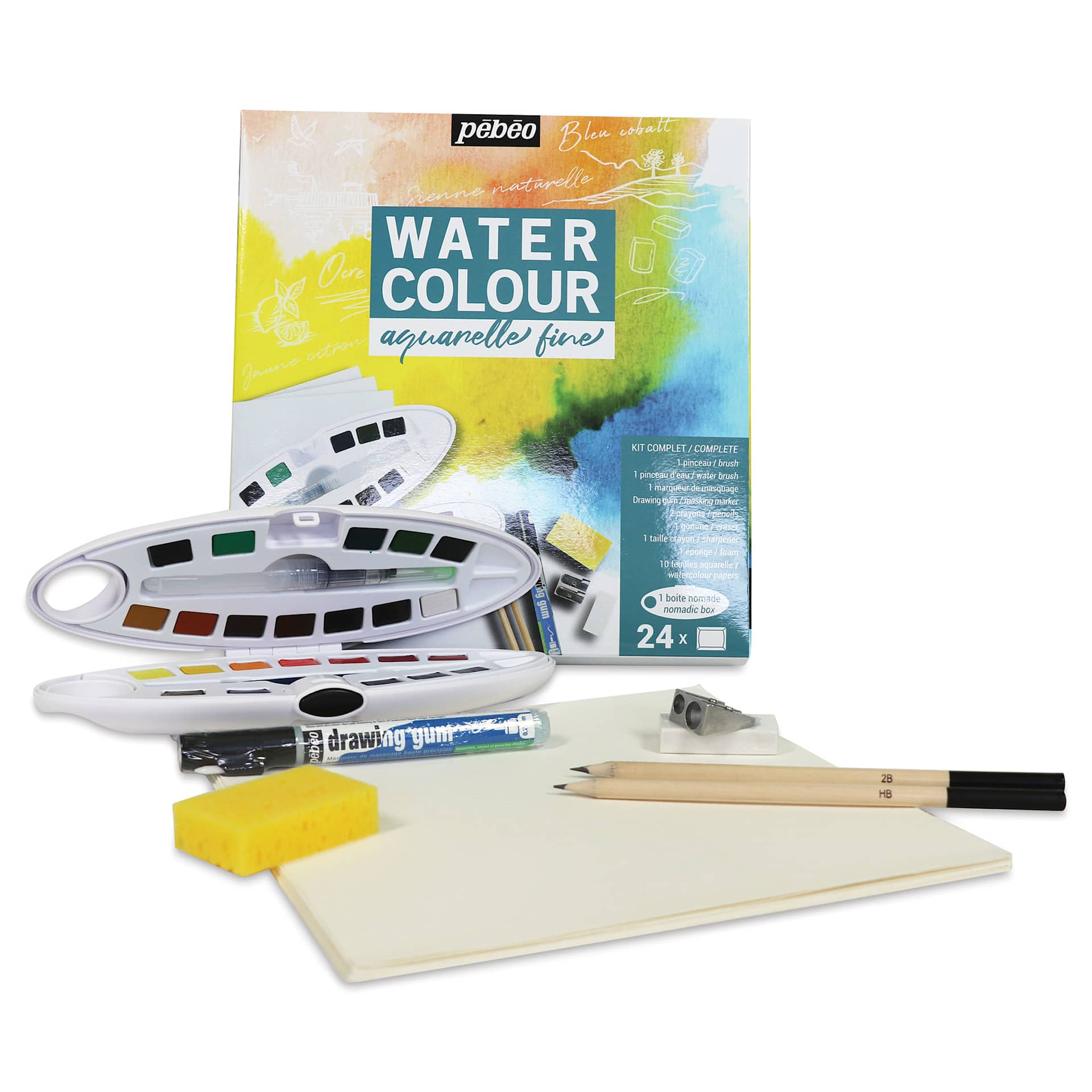 Pebeo Fine Watercolor Half Pan Set - Complete Set of 24, Oval Plastic Case