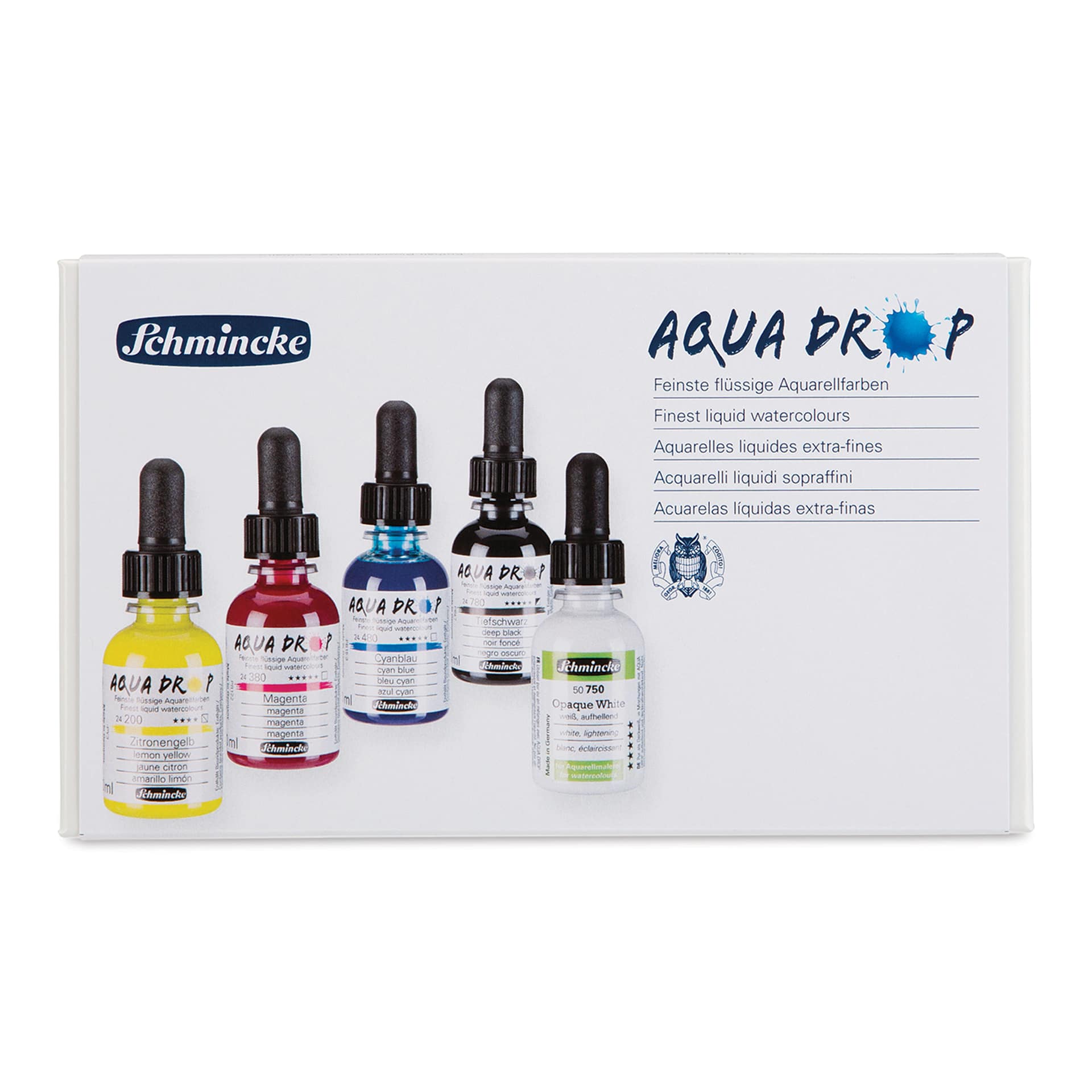 Schmincke Aqua Drop Watercolors - Set of 5, 30 ml Bottles (front of package)