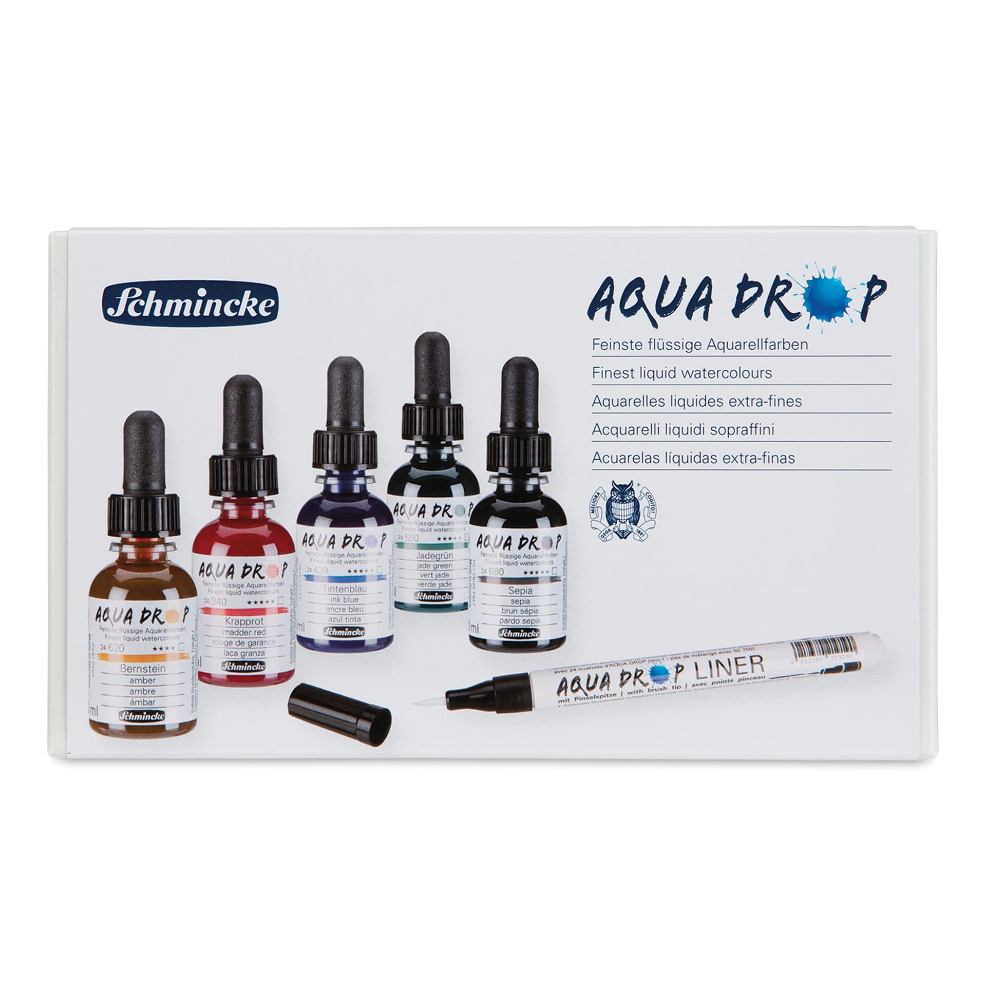 Schmincke Aqua Drop Watercolors - Set of 5, 30 ml Bottles and Liner (front of package)