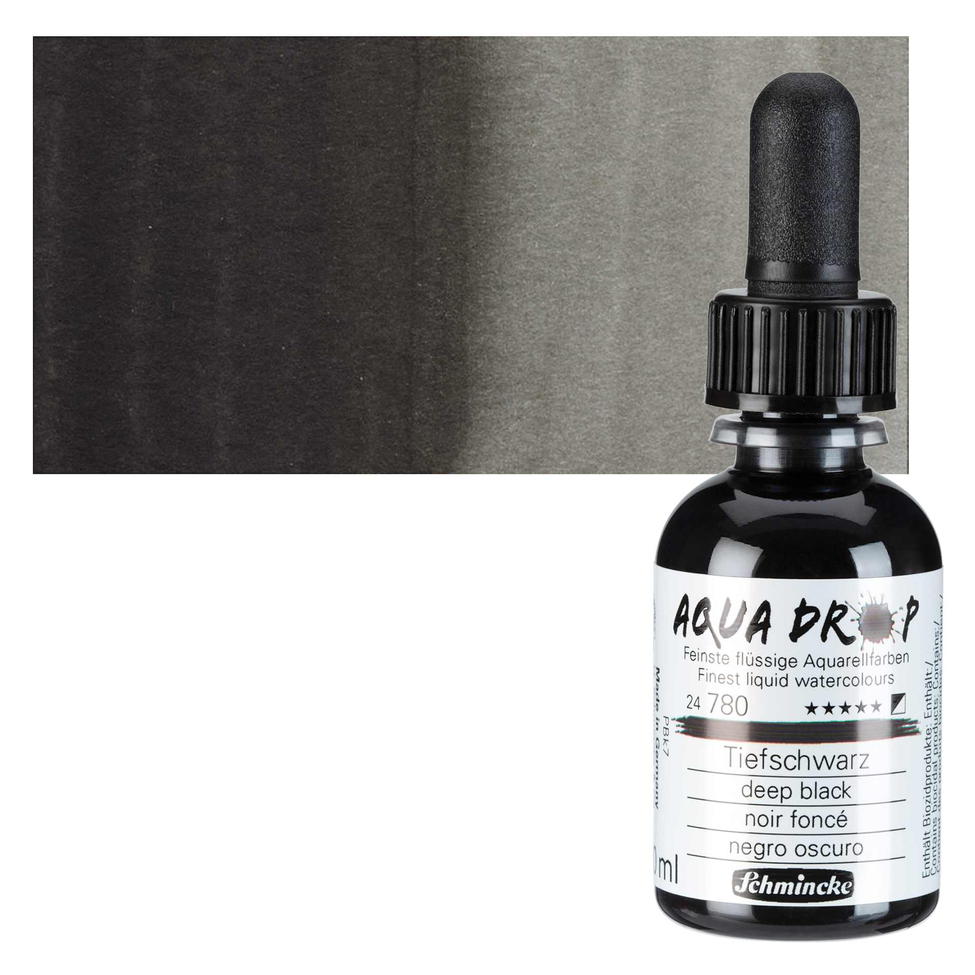 Schmincke Aqua Drop Watercolor - Deep Black, 30 ml bottle and swatch