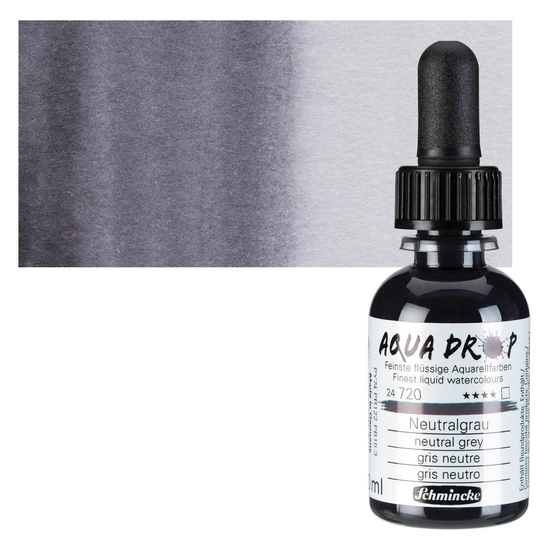 Schmincke Aqua Drop Watercolor - Neutral Grey, 30 ml bottle and swatch
