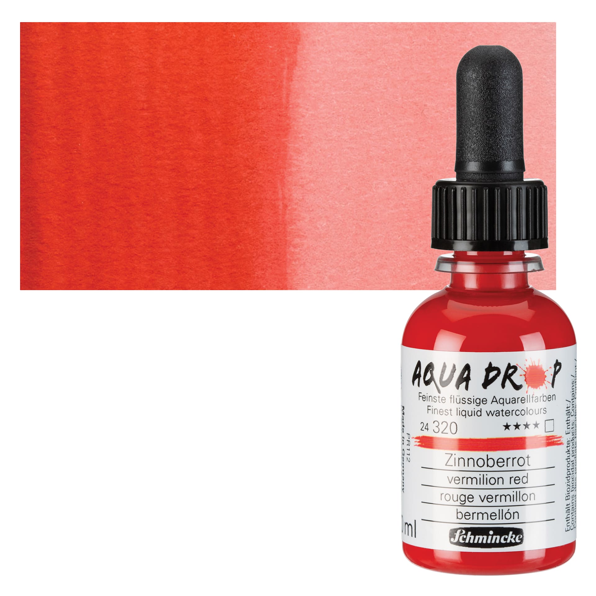 Schmincke Aqua Drop Watercolor - Vermilion Red, 30 ml bottle and swatch