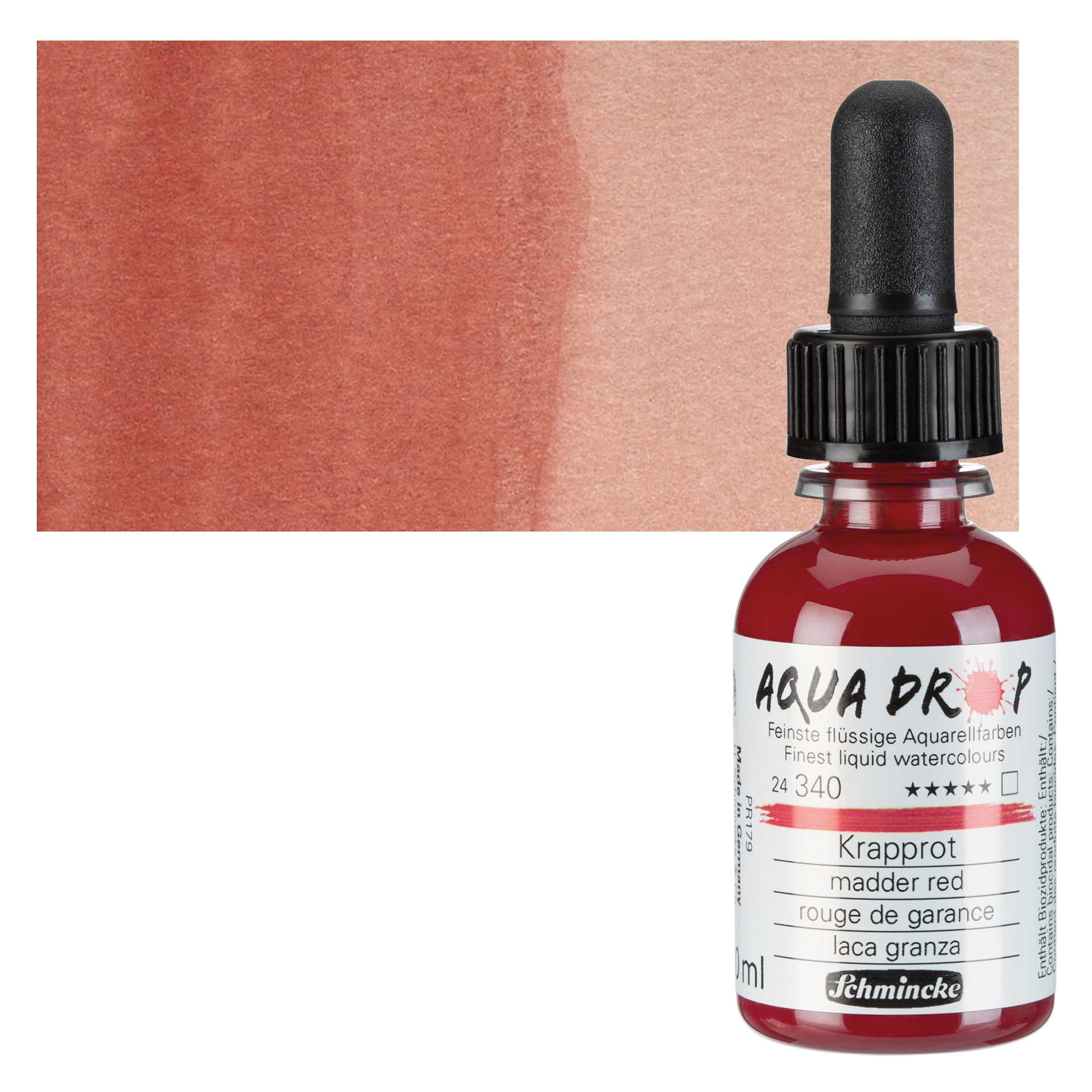 Schmincke Aqua Drop Watercolor - Madder Red, 30 ml bottle and swatch