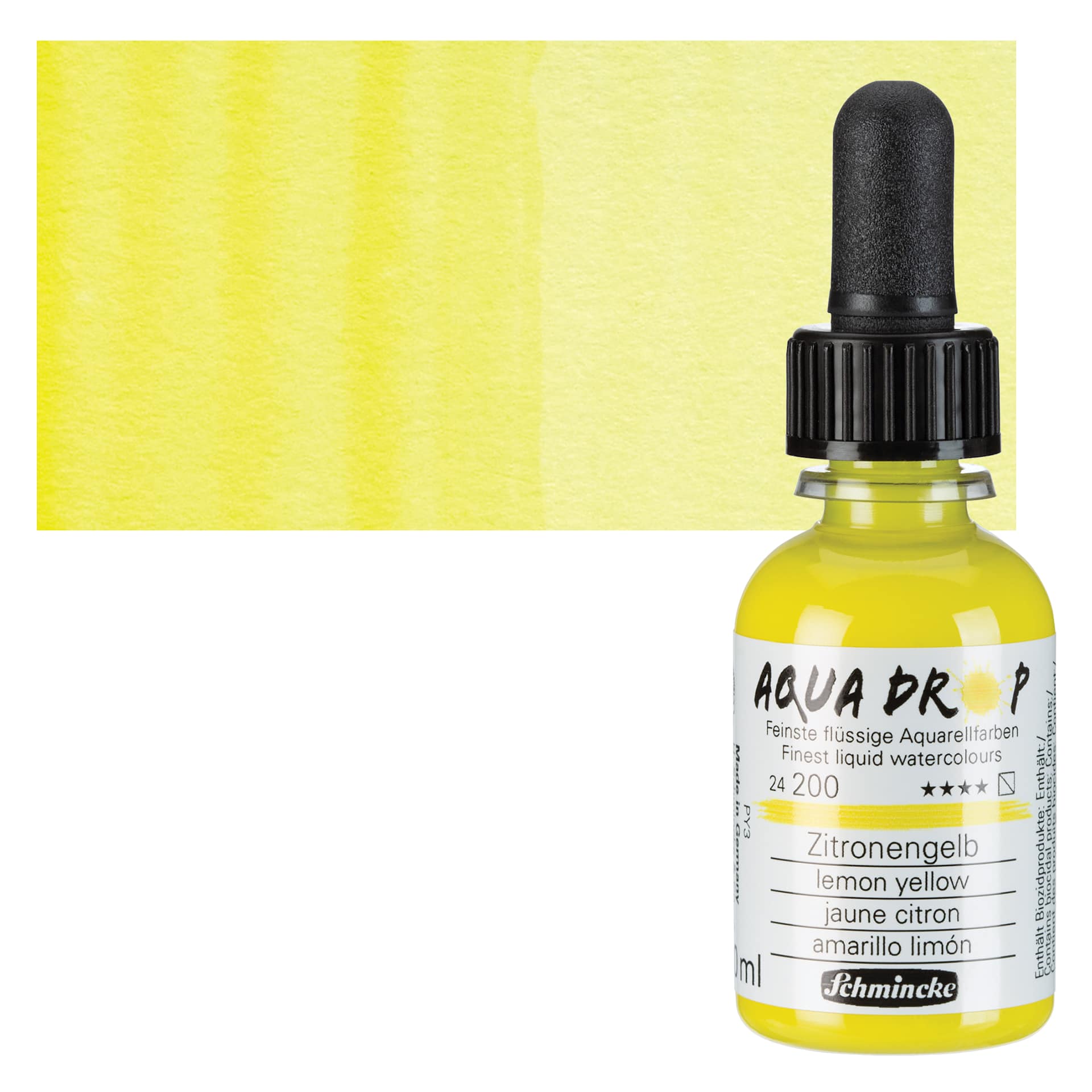Schmincke Aqua Drop Watercolor - Lemon Yellow, 30 ml bottle and swatch