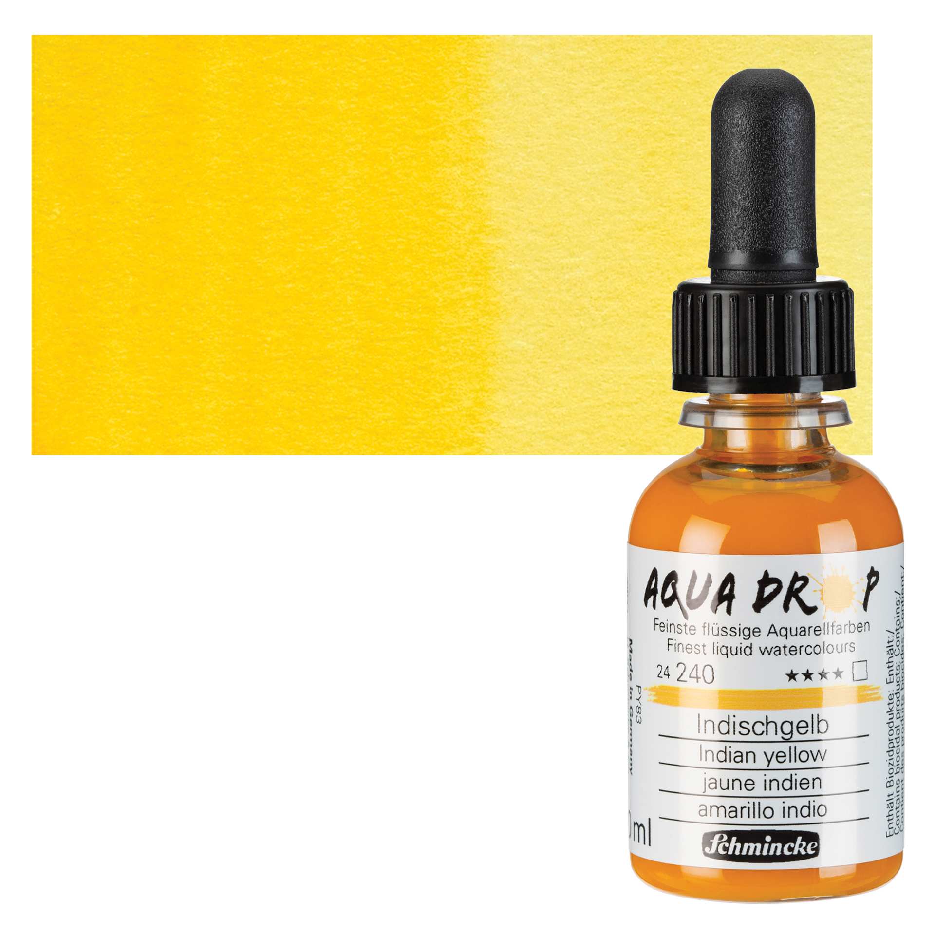 Schmincke Aqua Drop Watercolor - Indian Yellow, 30 ml bottle and swatch