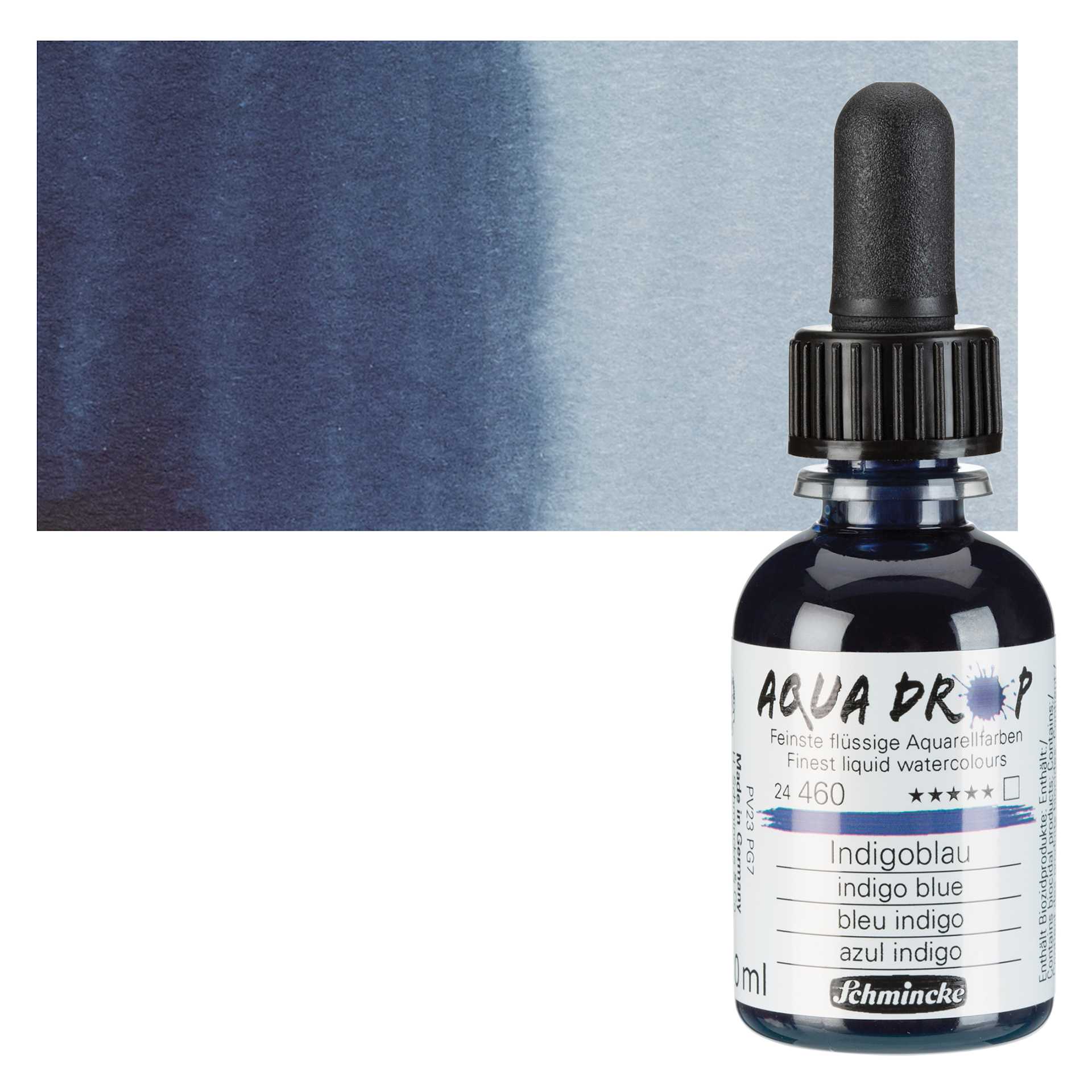 Schmincke Aqua Drop Watercolor - Indigo Blue, 30 ml bottle and swatch