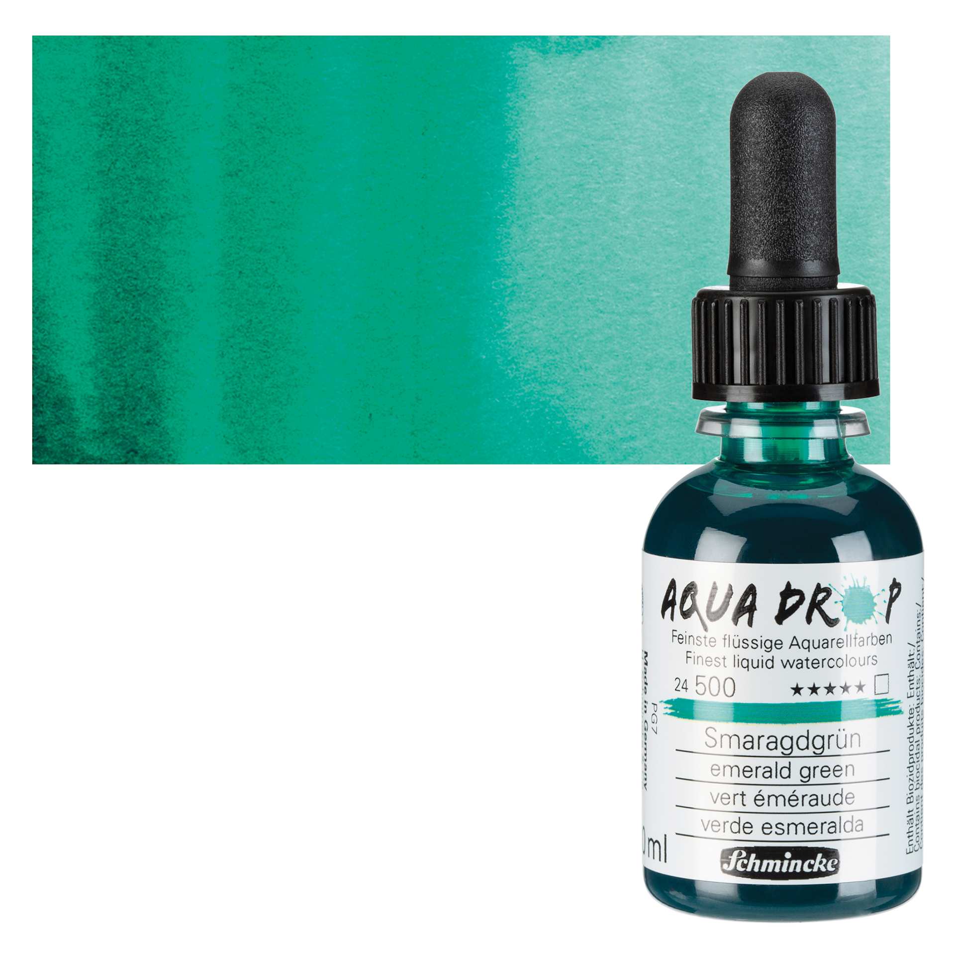 Schmincke Aqua Drop Watercolor - Emerald Green, 30 ml bottle and swatch