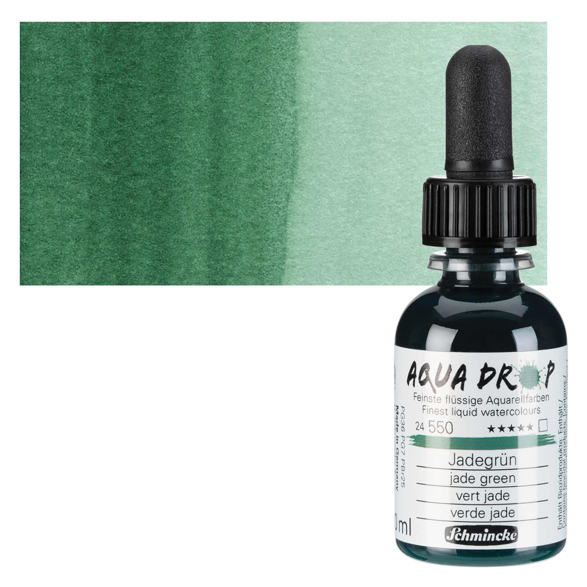 Schmincke Aqua Drop Watercolor - Jade Green, 30 ml bottle and swatch