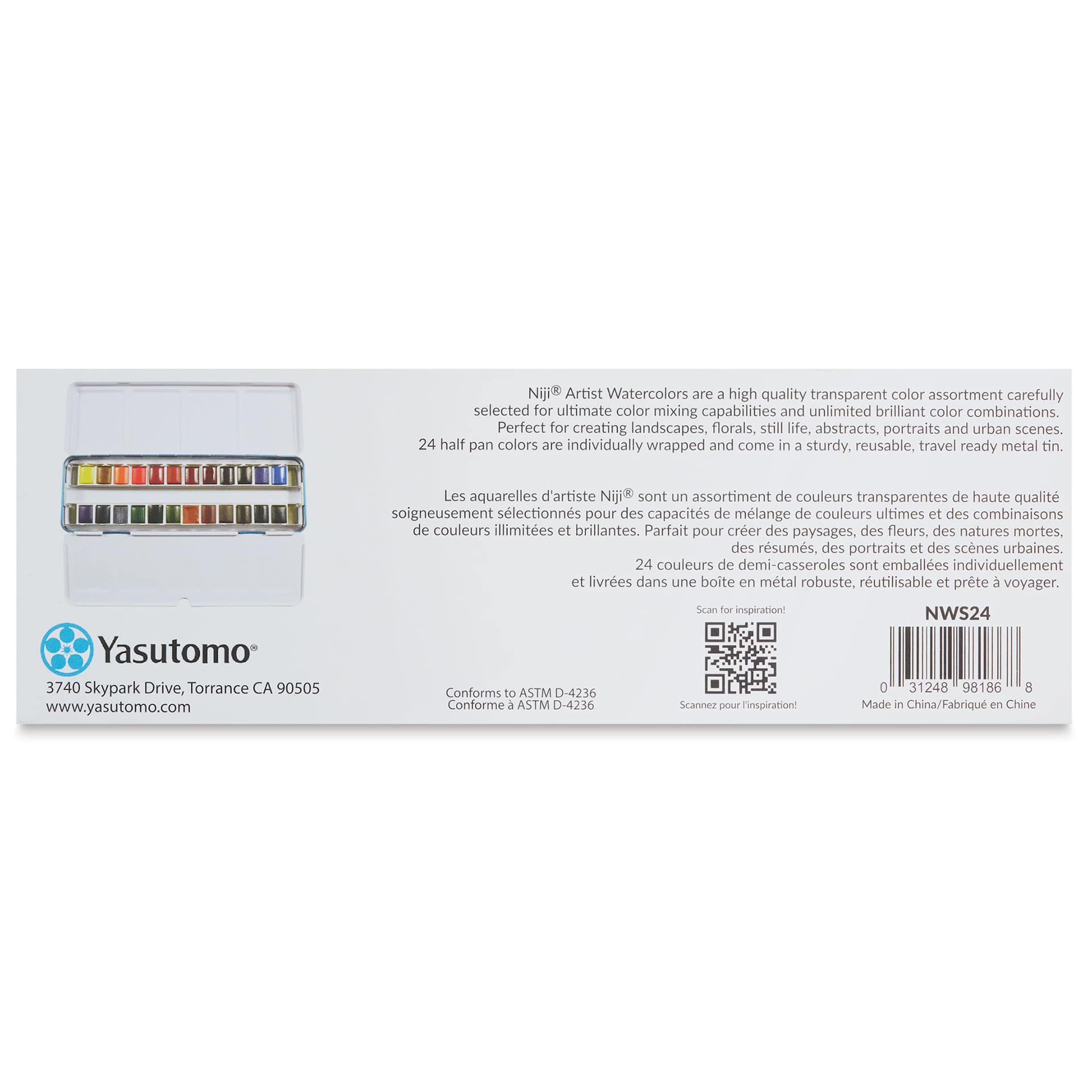 Niji Artist Watercolor Pan Set - Studio, Set of 24 (back of package)