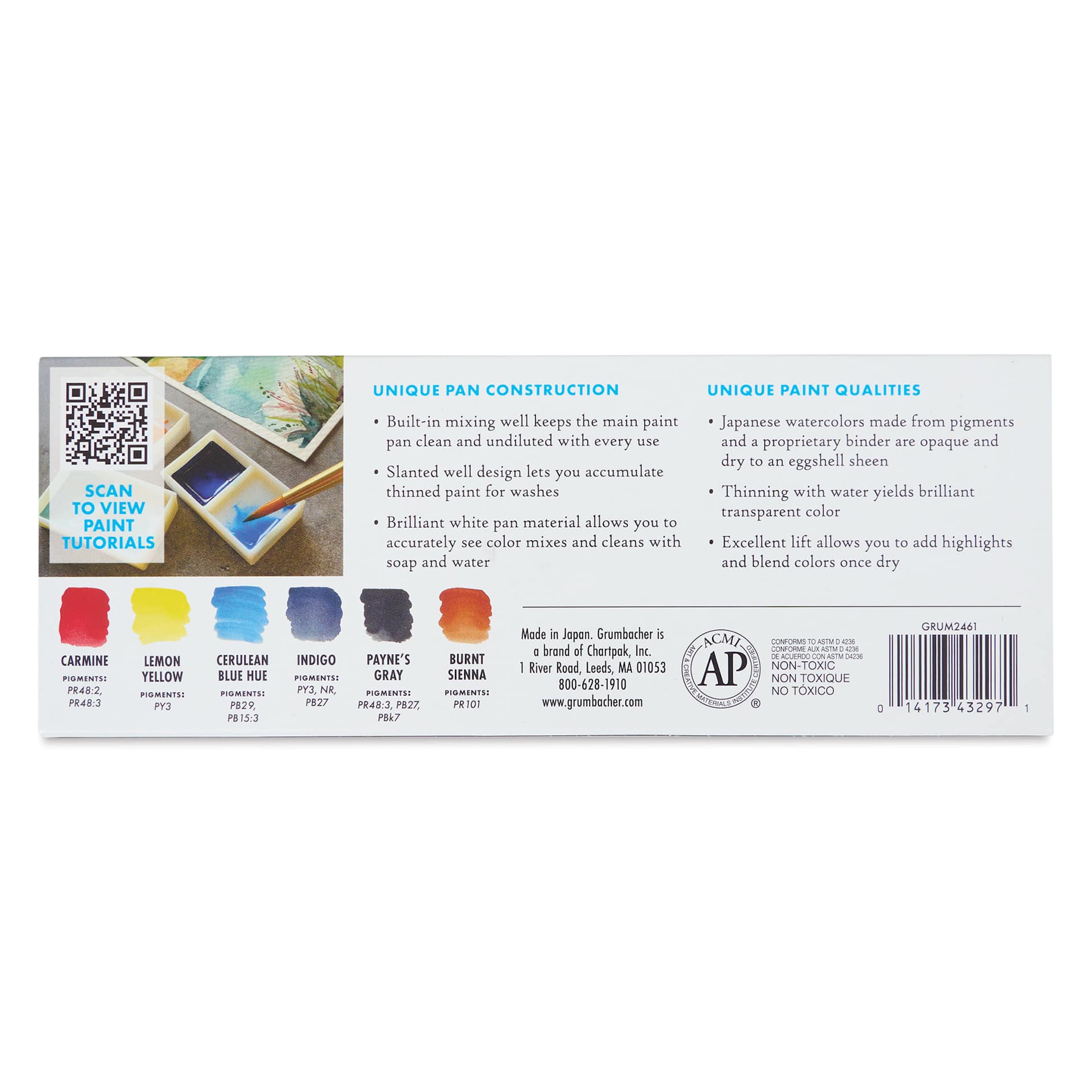Grumbacher Japanese Watercolors - Set of 6, Mixing Set back of package