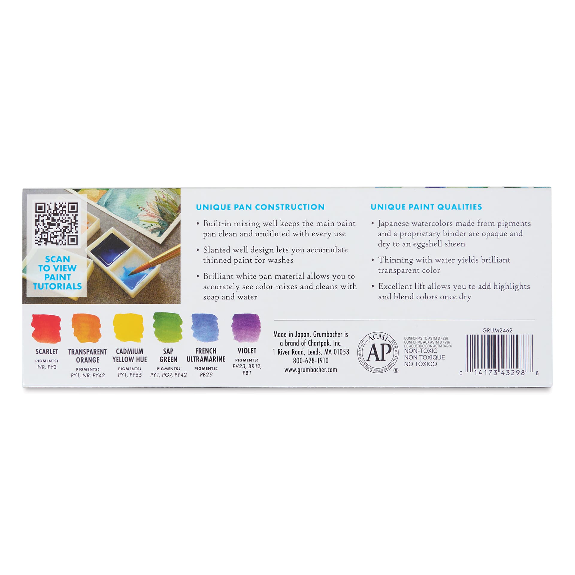 Grumbacher Japanese Watercolors - Set of 6, Basic Set back of package