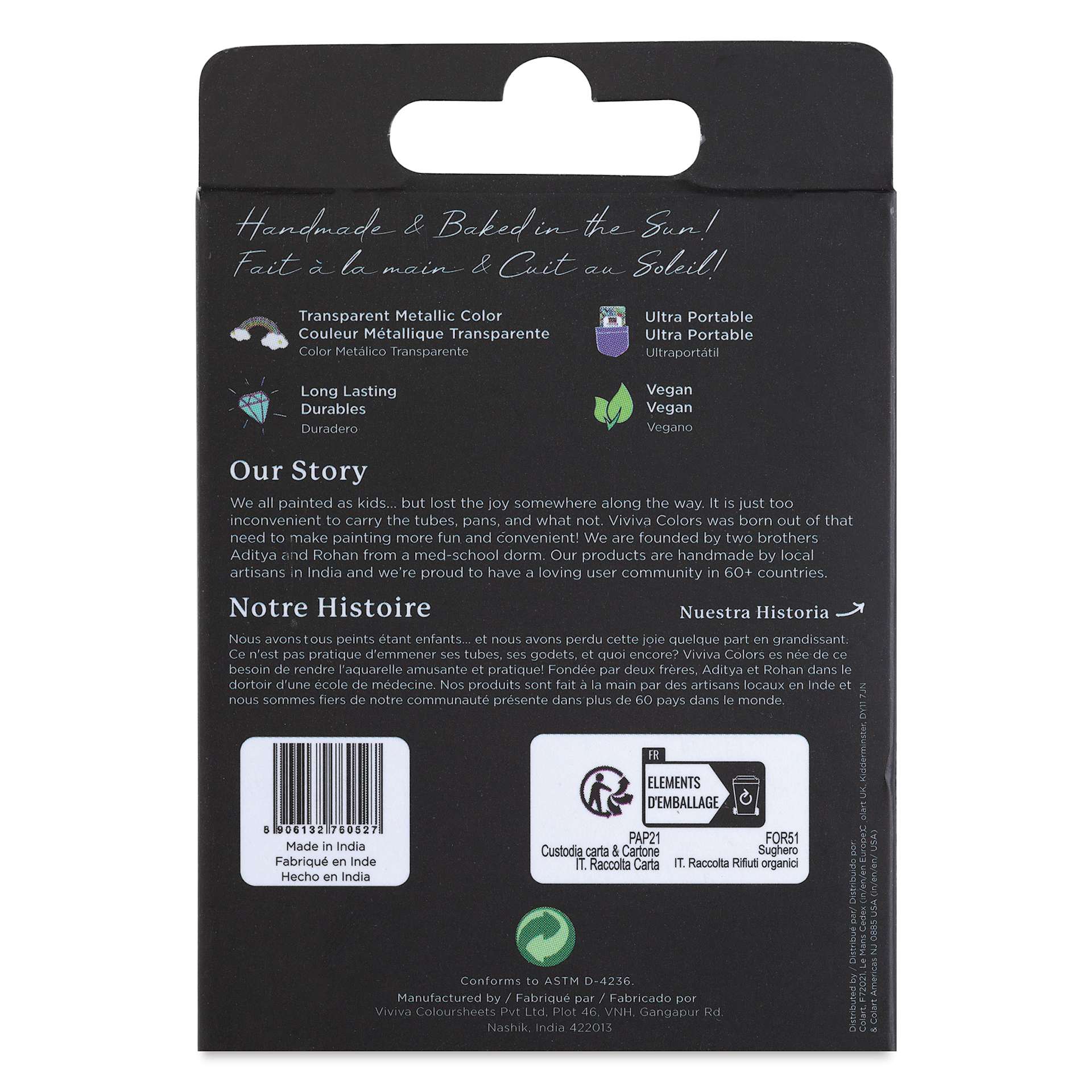 Viviva Watercolor Paint Pan Set - Metallic, Set of 15 back of package