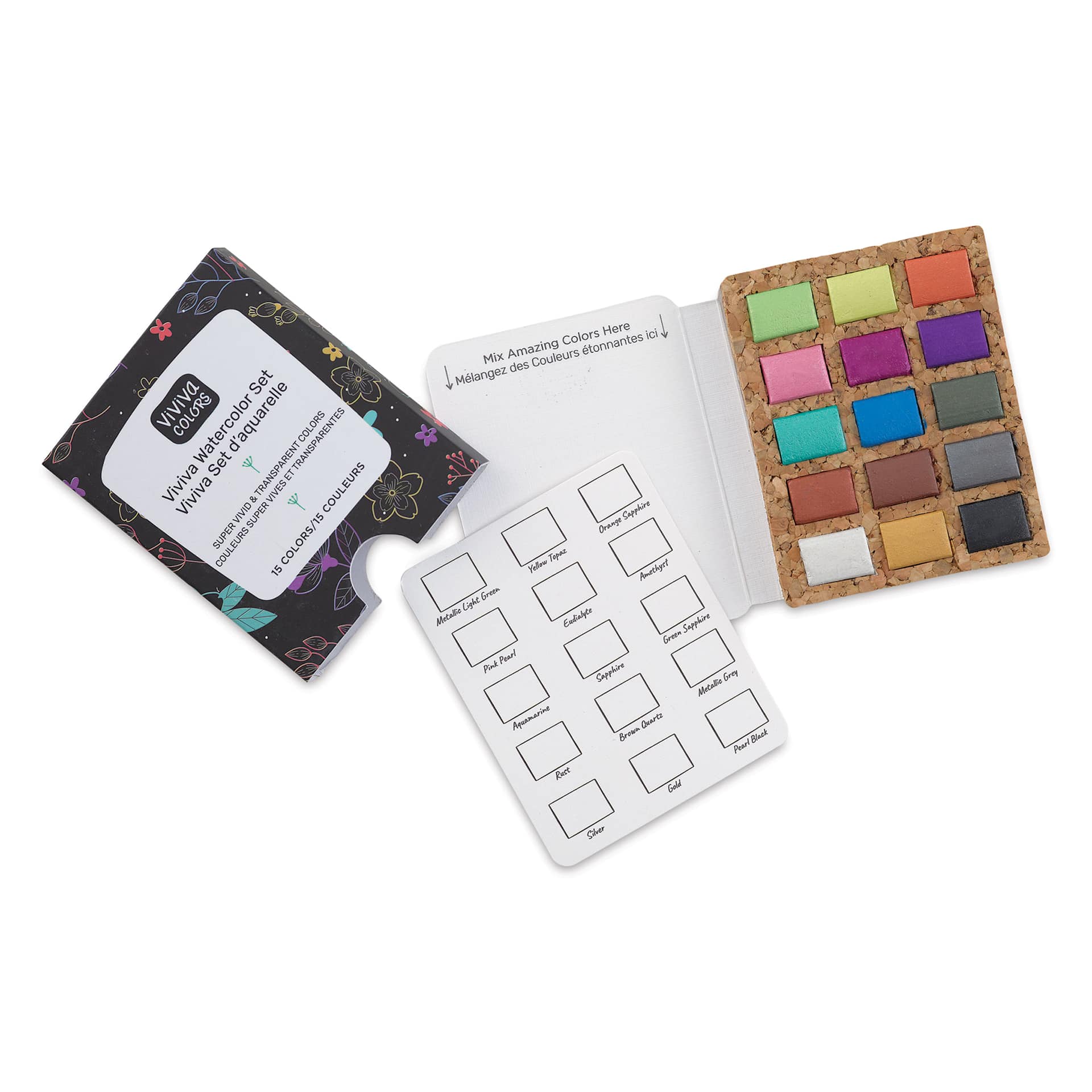 Viviva Watercolor Paint Pan Set - Metallic, Set of 15 set contents