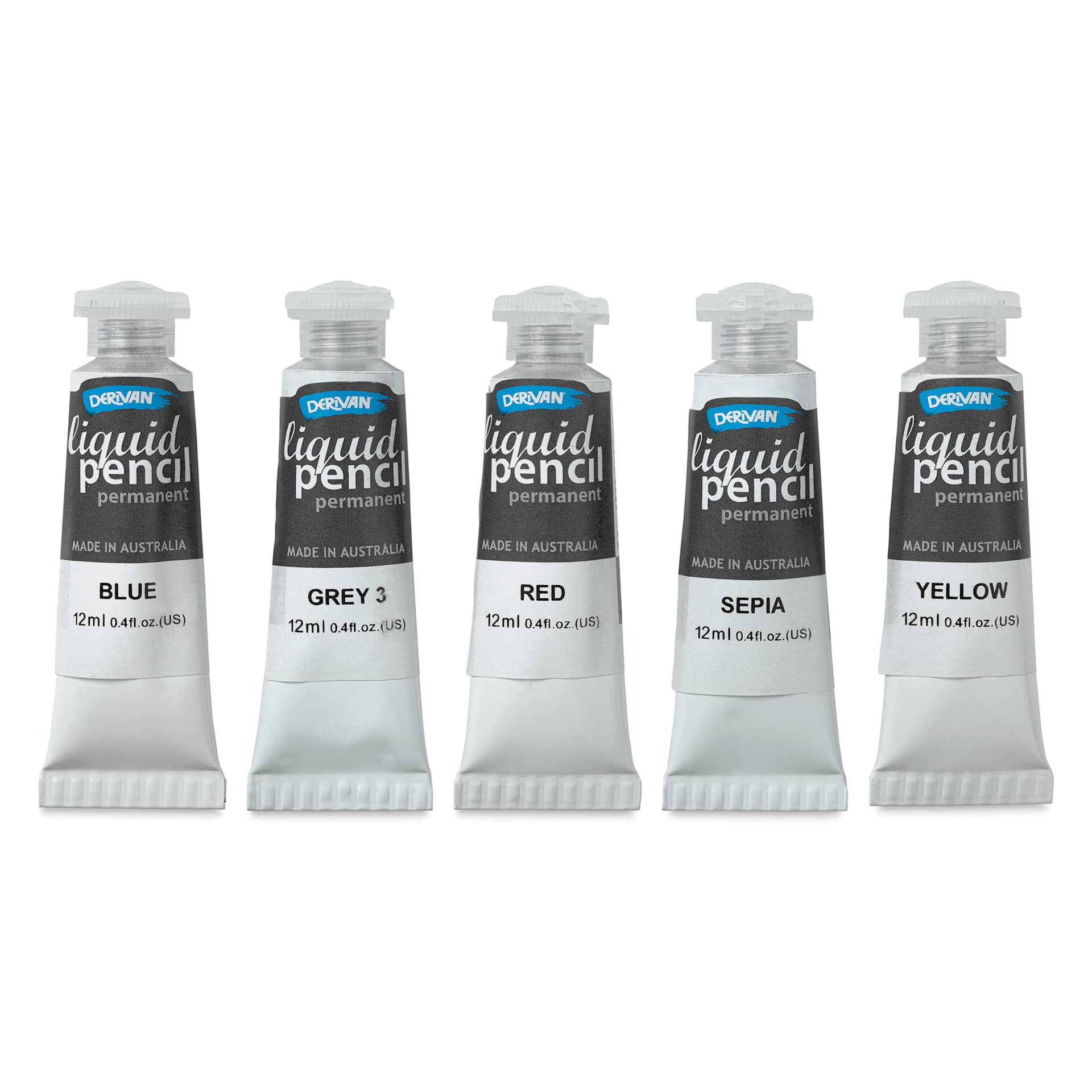 Derivan Permanent Liquid Pencil Tubes Set - Set of 5, 12 ml, out of packaging