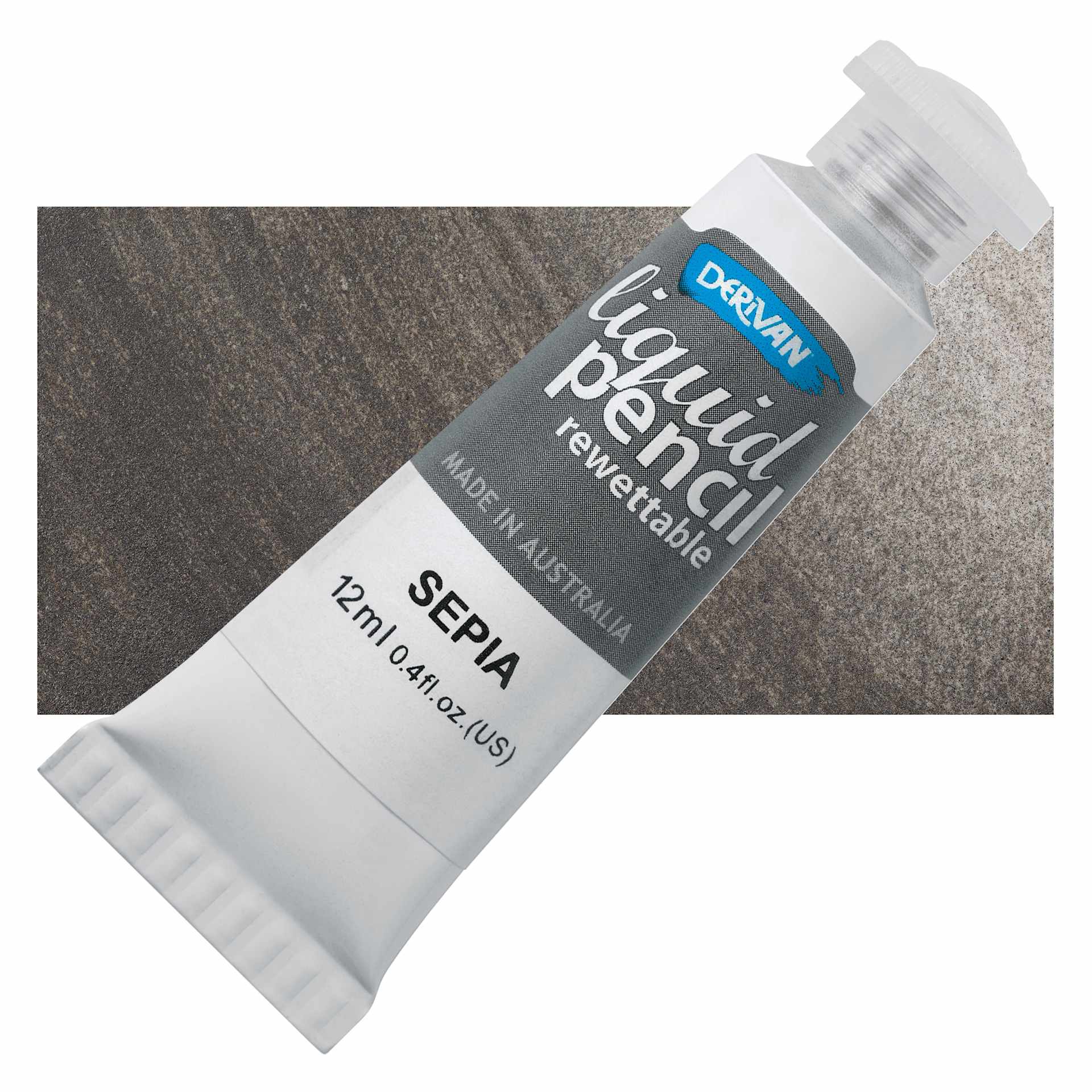 Derivan Rewettable Liquid Pencil Tube - Sepia, 12 ml, bottle with swatch