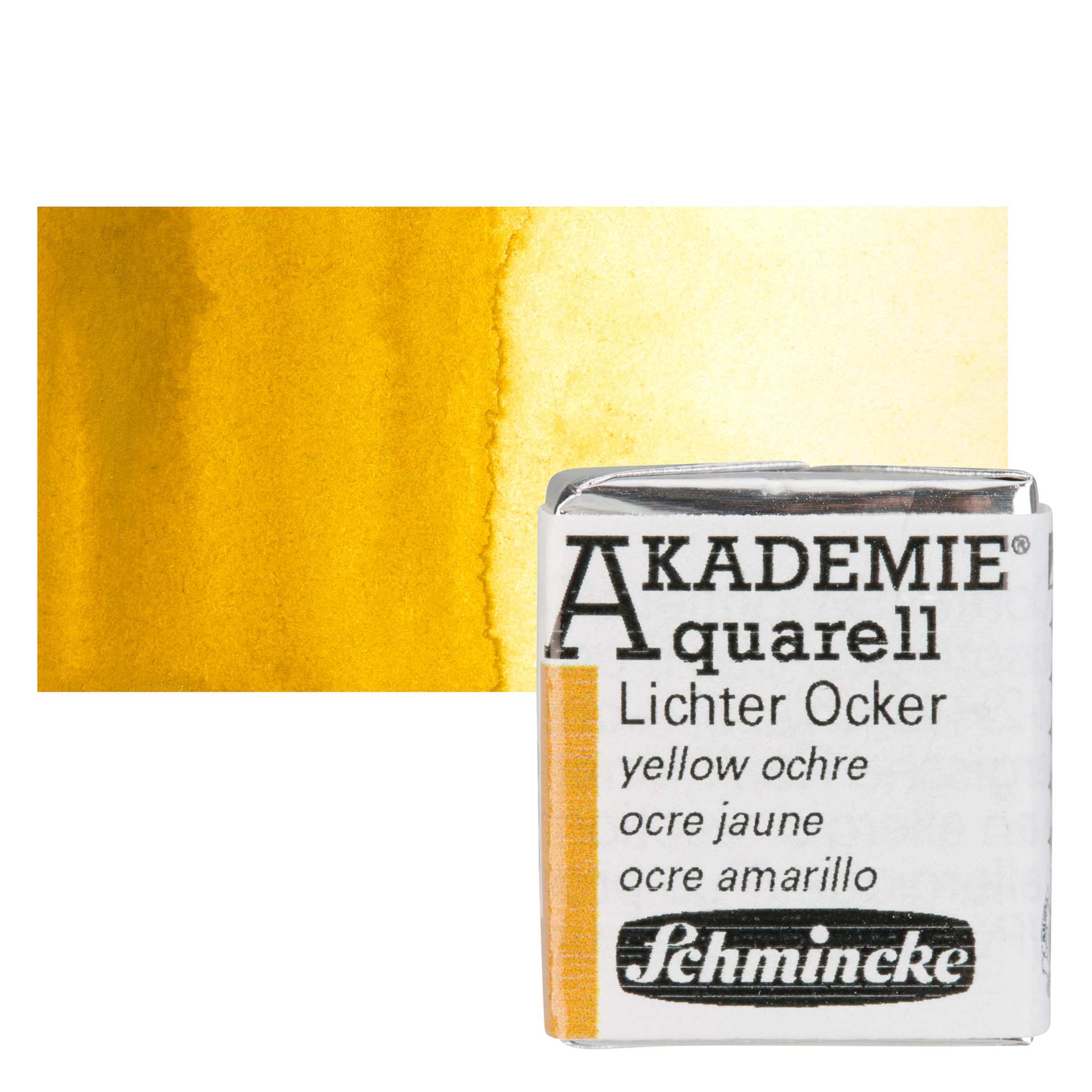 Schmincke Akademie Aquarell Watercolor Pan - Yellow Ochre, Half Pan and swatch
