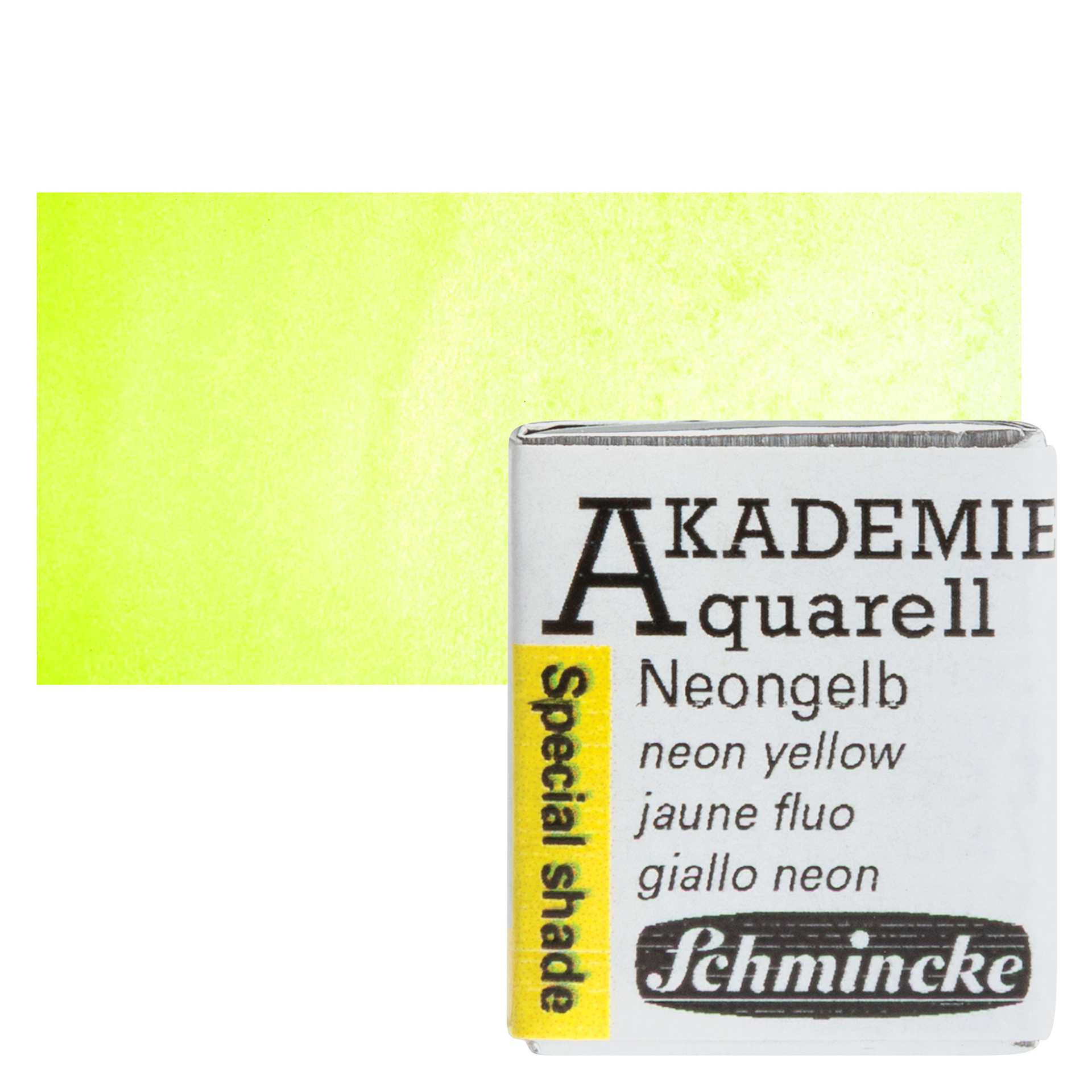 Schmincke Akademie Aquarell Watercolor Pan - Neon Yellow, Half Pan and swatch