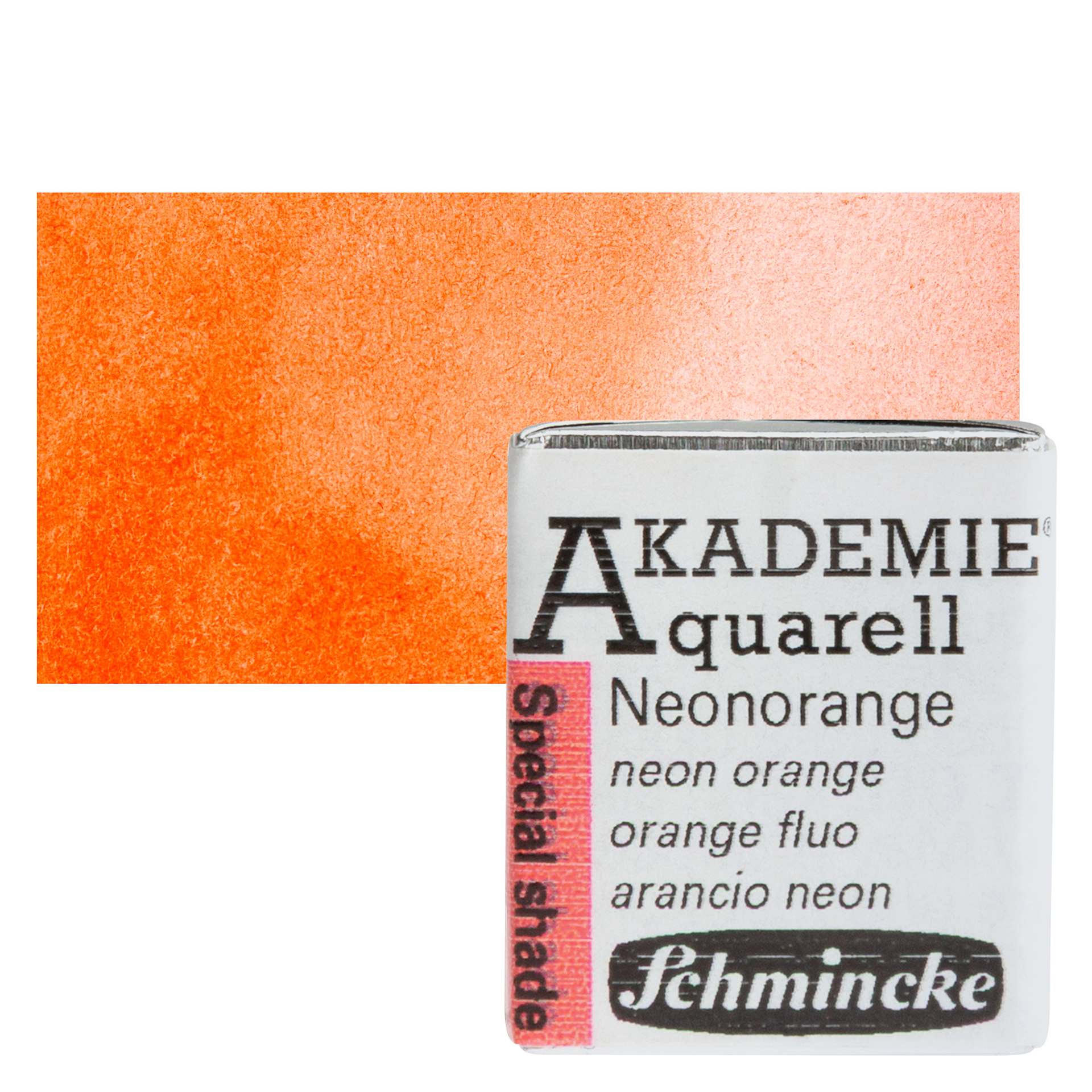 Schmincke Akademie Aquarell Watercolor Pan - Neon Orange, Half Pan and swatch