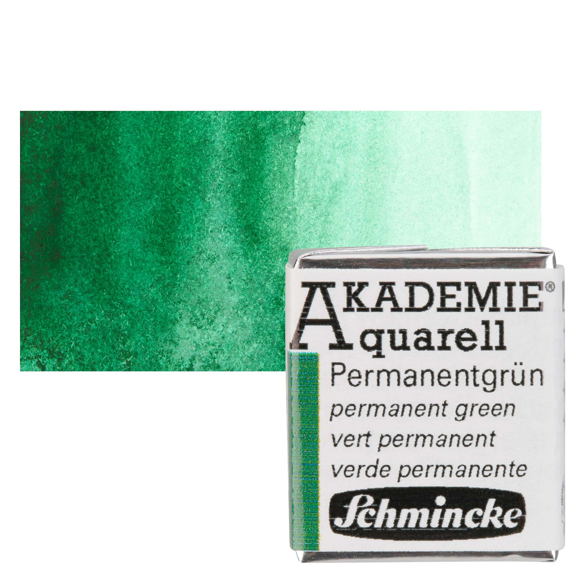 Schmincke Akademie Aquarell Watercolor Pan - Permanent Green, Half Pan and swatch
