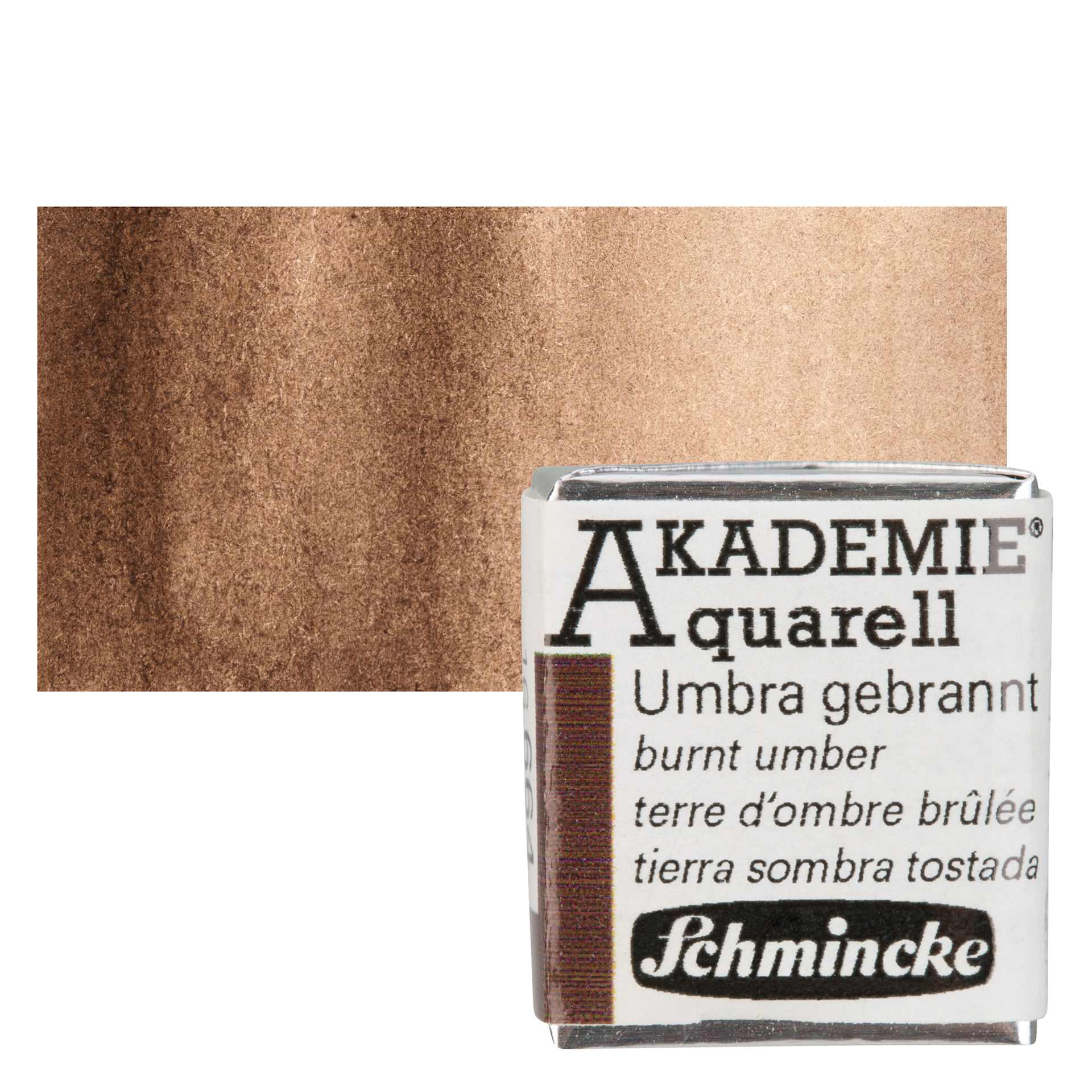 Schmincke Akademie Aquarell Watercolor Pan - Burnt Umber, Half Pan and swatch