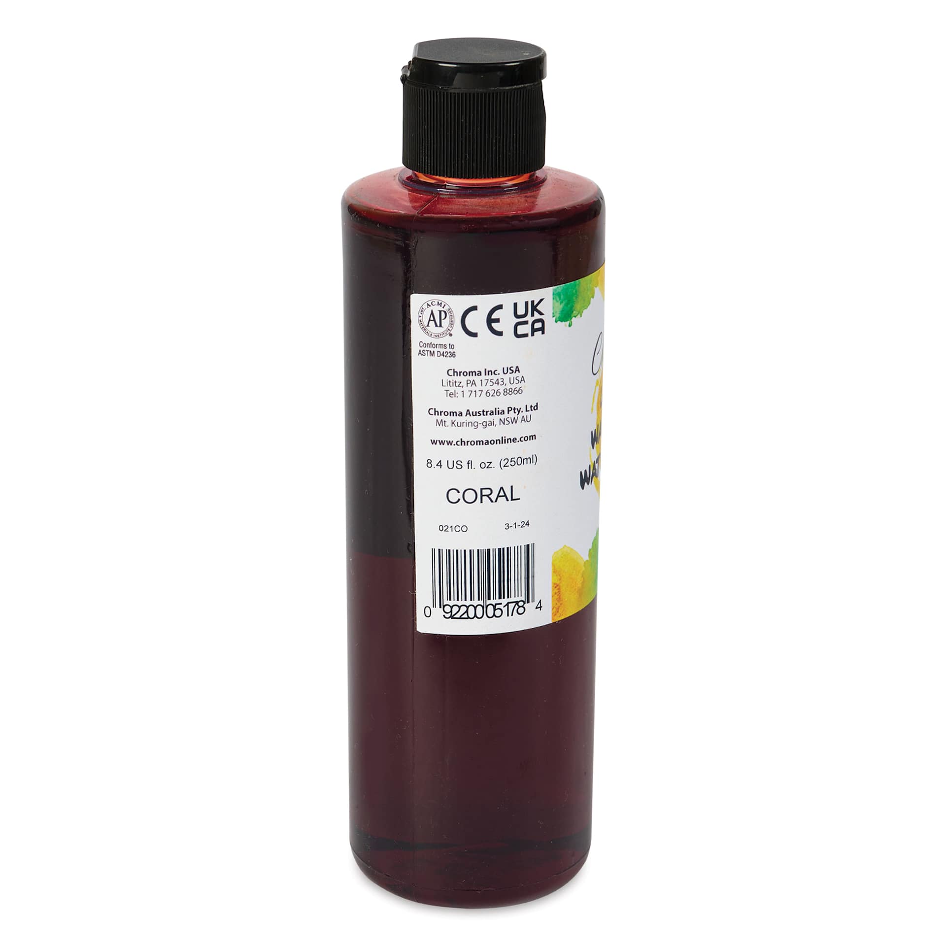 Chroma Liquid Washable Watercolor Paint - Coral, 8.4 oz, Bottle, back