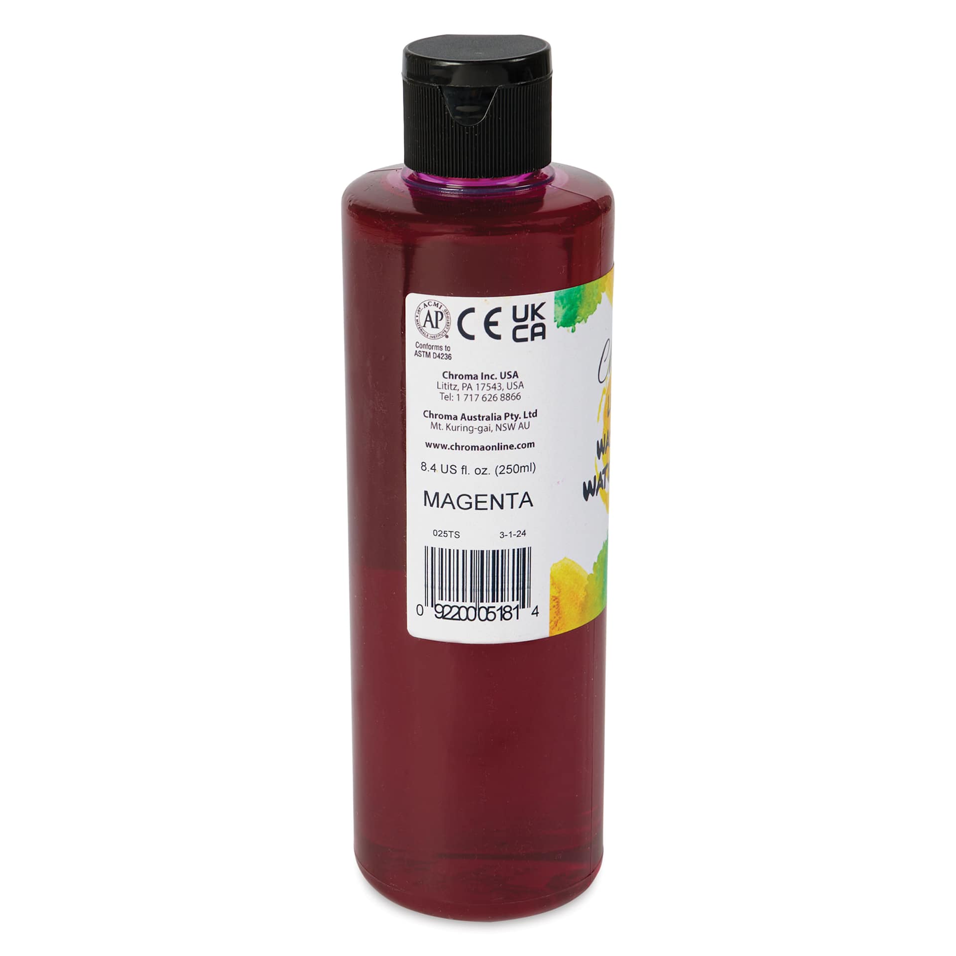 Chroma Liquid Washable Watercolor Paint - Magenta, 8.4 oz, Bottle, back